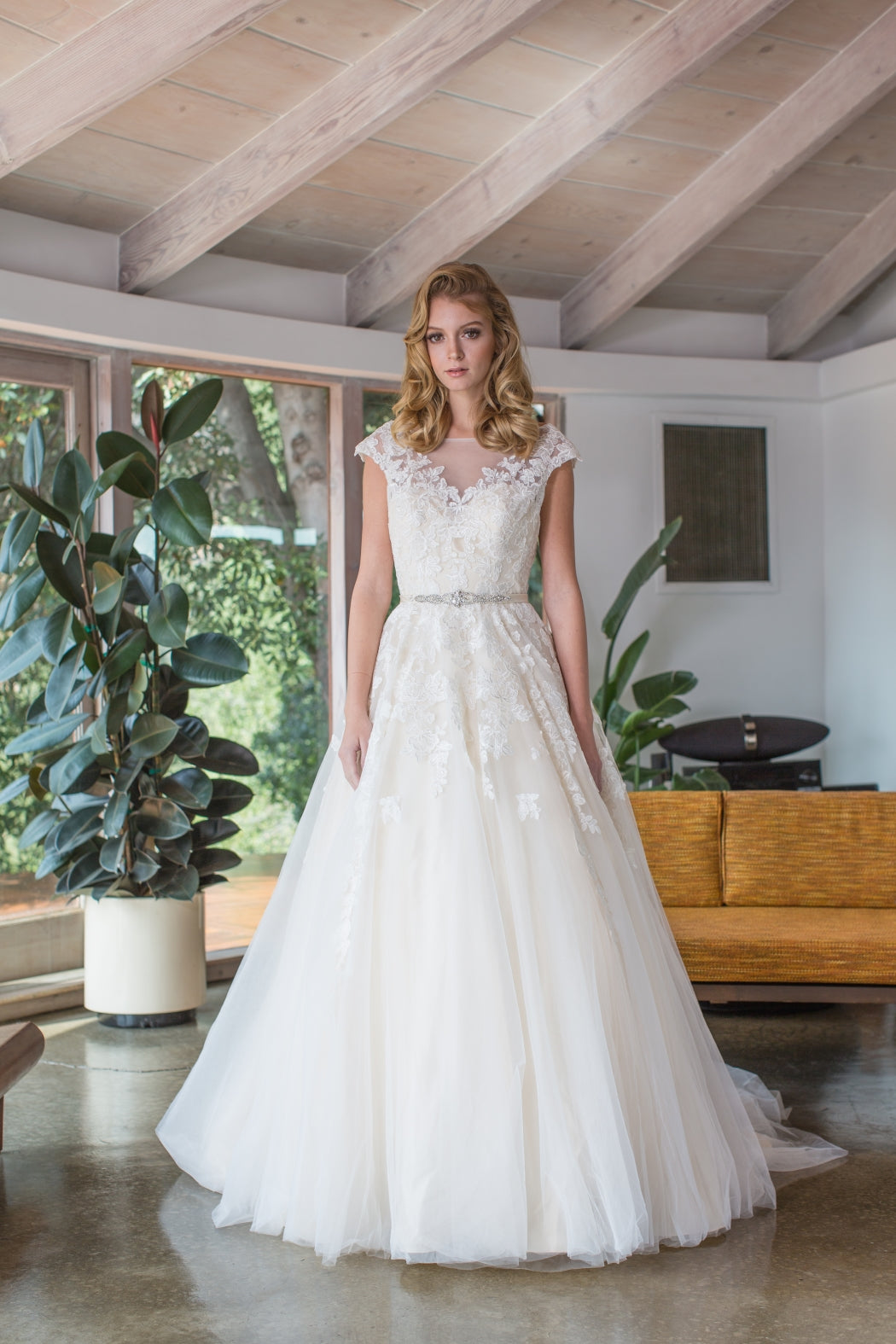 Lace Tulle Cap Sleeve A-line Bridal Dress by Eureka 6601 XL / Off White Lace Tulle Cap Sleeve A-line Bridal Dress by Eureka 6601 XL / Off White