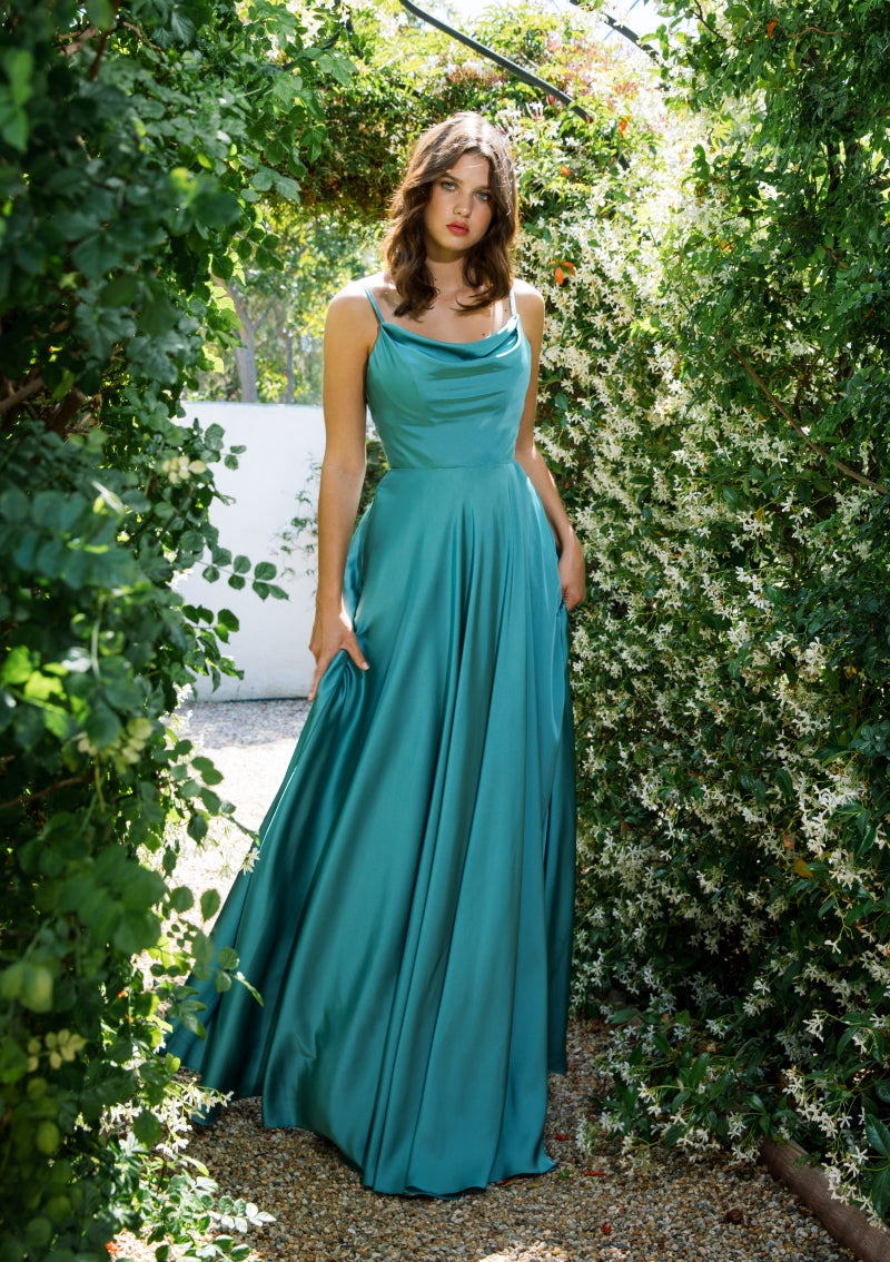 look at you satin maxi dress Satin Long Cowl A-line Slit Dress by Eureka 9916 XL / Sea Glass