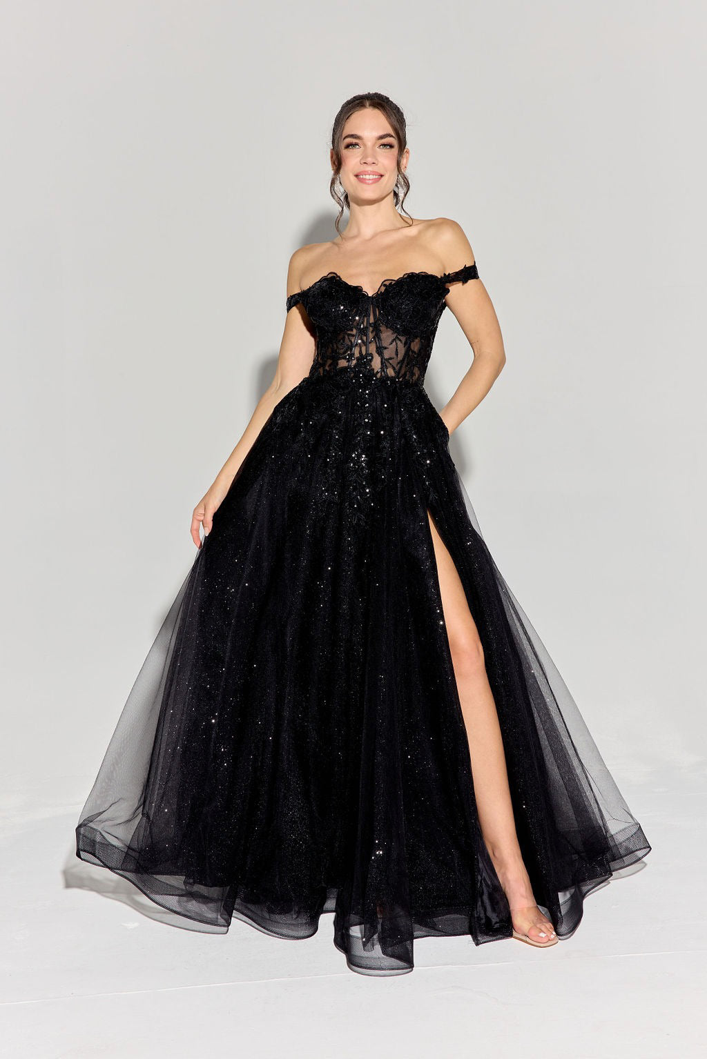black off shoulder a line dress Off Shoulder A-line Slit Gown by Eureka EK128