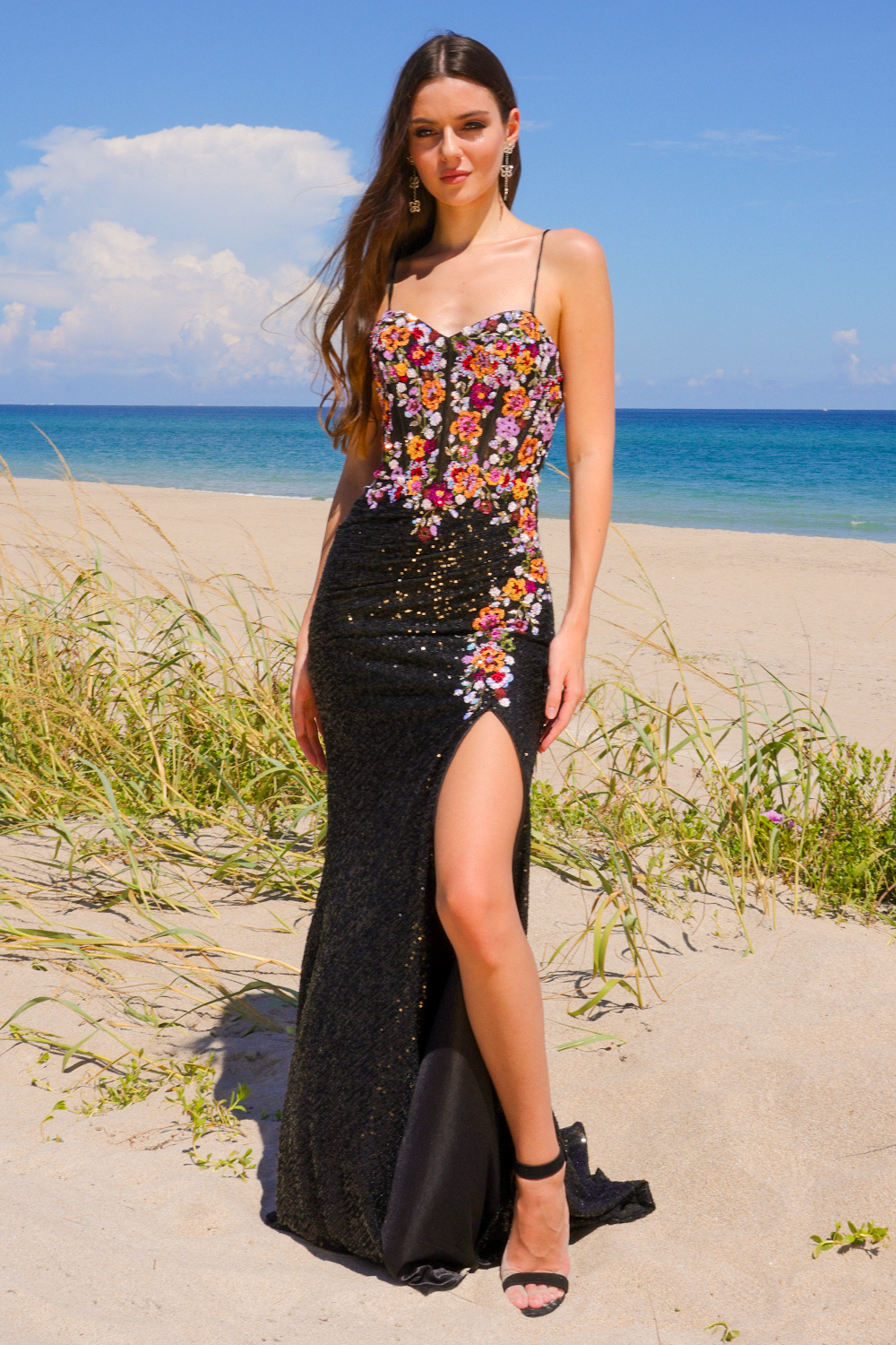 Floral Embroidered Sequin Slit Gown by Amelia Couture 7061 2 / Black/Berry