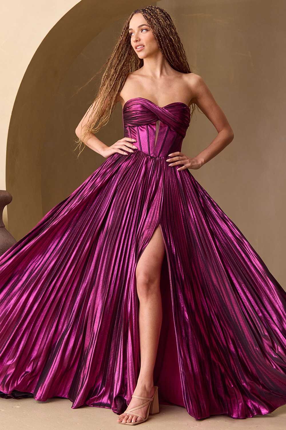 Strapless Long Metallic Prom Dress with Pleats Bronze / 14 Strapless Long Metallic Prom Dress with Pleats Bronze / 14
