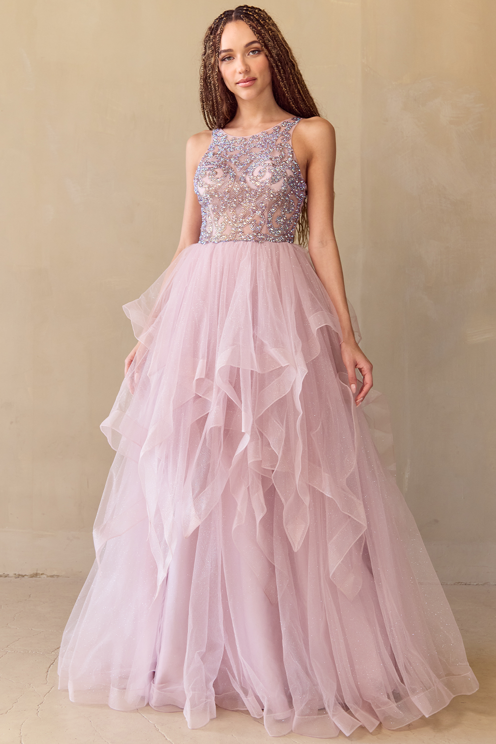 Sparkly Sleeveless Glitter Tulle Long Prom Dress Rose / 8