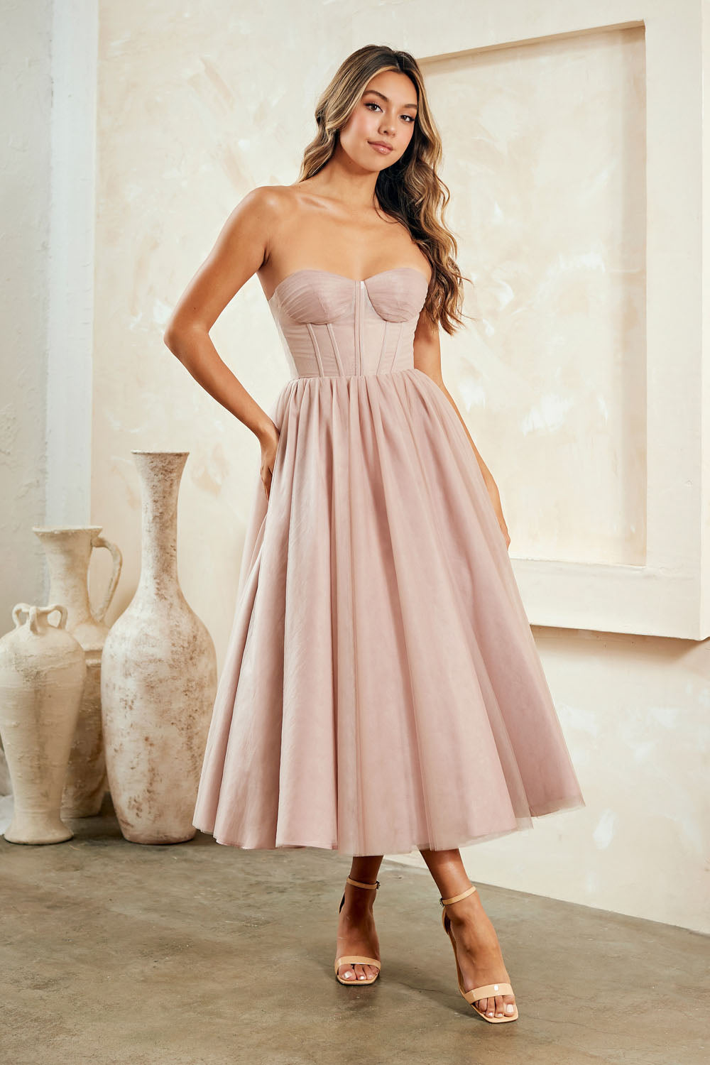 Strapless Tea Length Dress by Amelia Couture 6203S 6 / Dusty Rose