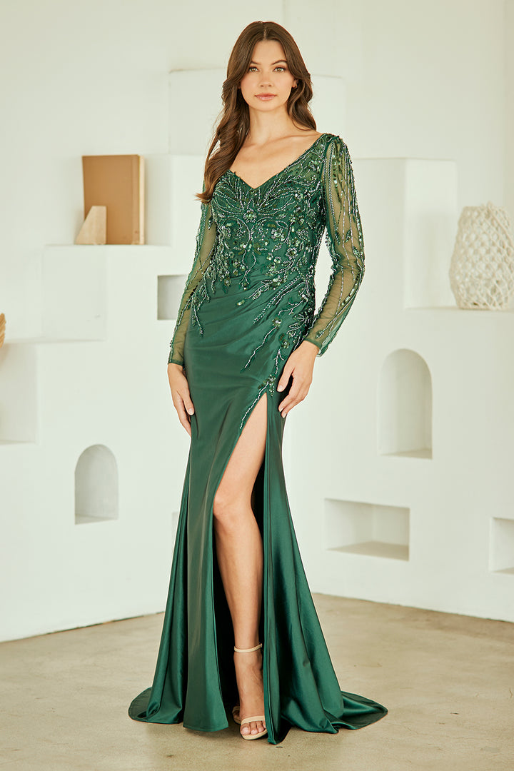 Long Sleeve V-Neck Gown by Amelia Couture JQ1102