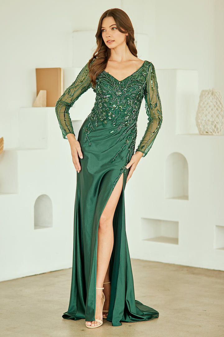 Long Sleeve V-Neck Gown by Amelia Couture JQ1102