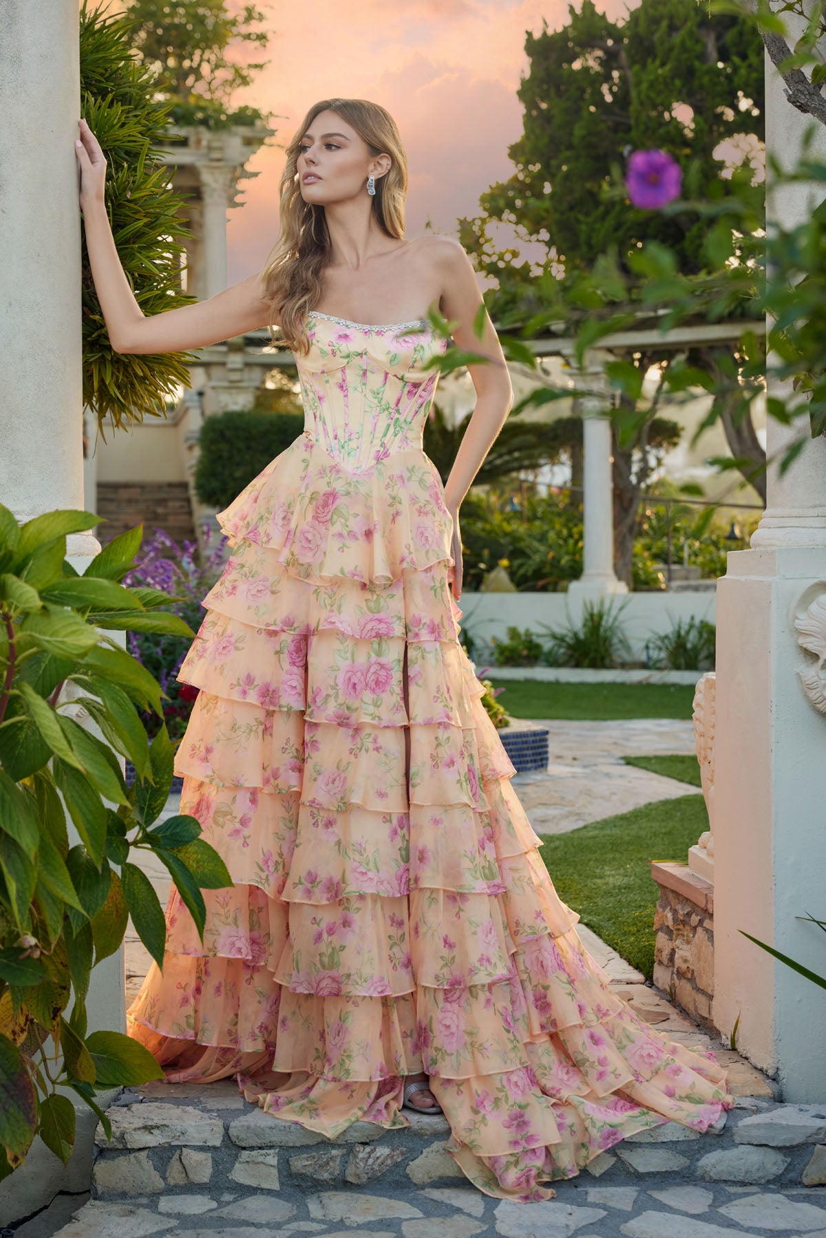 Print Strapless A-line Tiered Slit Gown by Juliet JT2739S – ABC