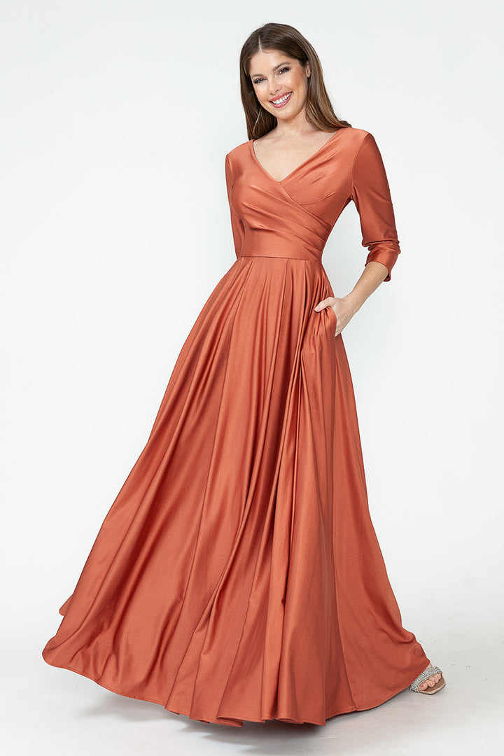 3/4 Sleeve V-Neck A-line Gown by Lenovia 5243