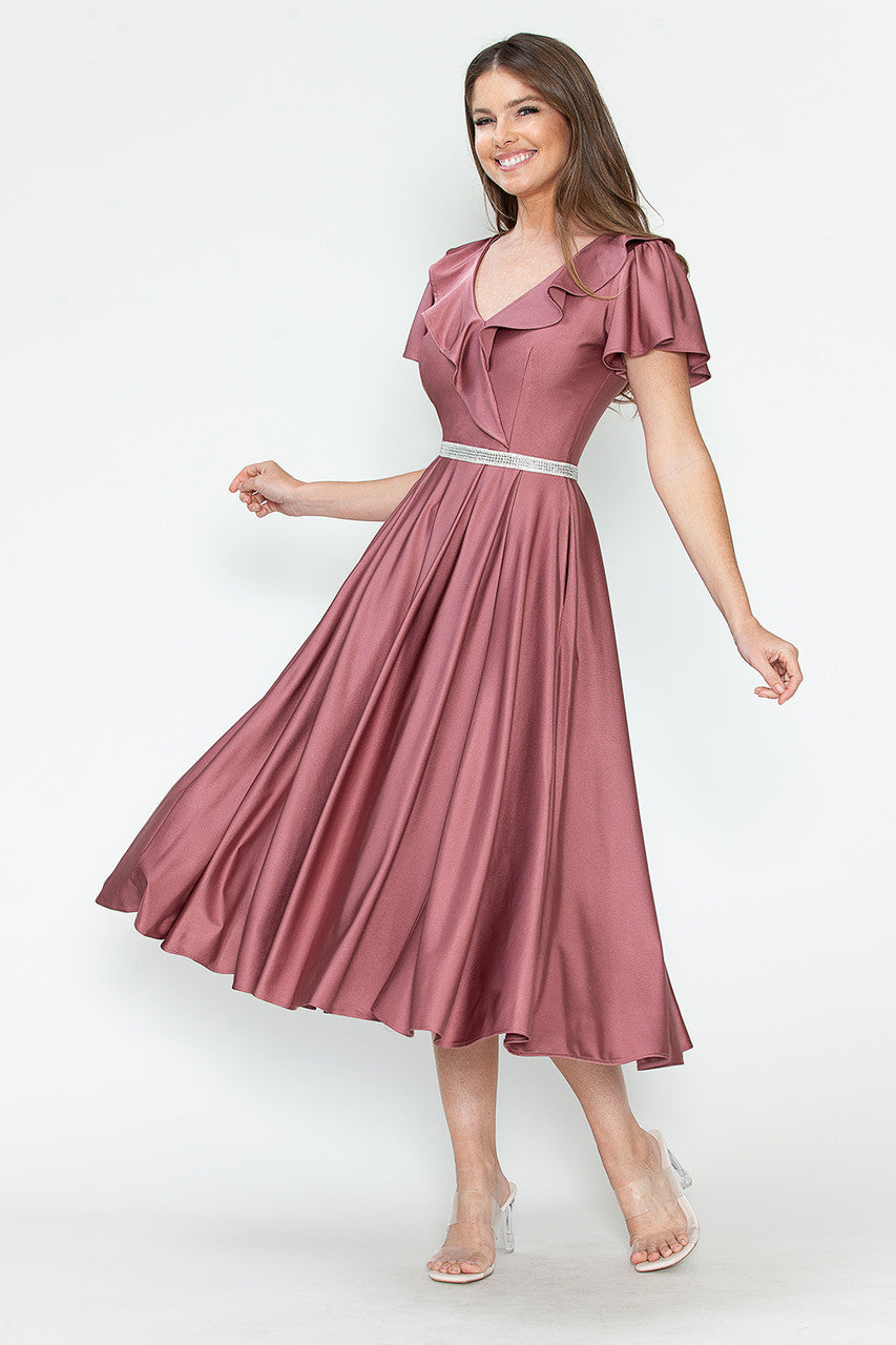 Ruffled Satin A-Line Tea Length Dress Short Sleeve 5295 by Lenovia Mauve / S