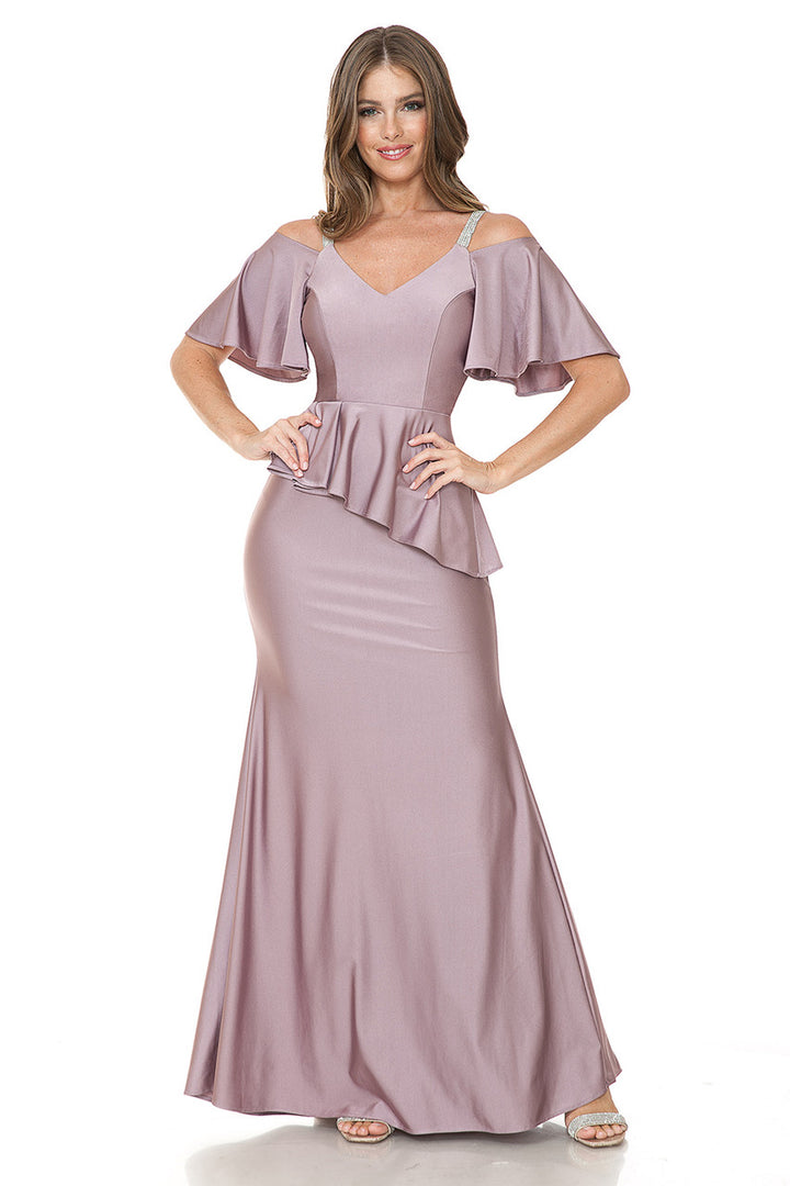 Fitted Cold Shoulder Peplum Gown by Lenovia 5282