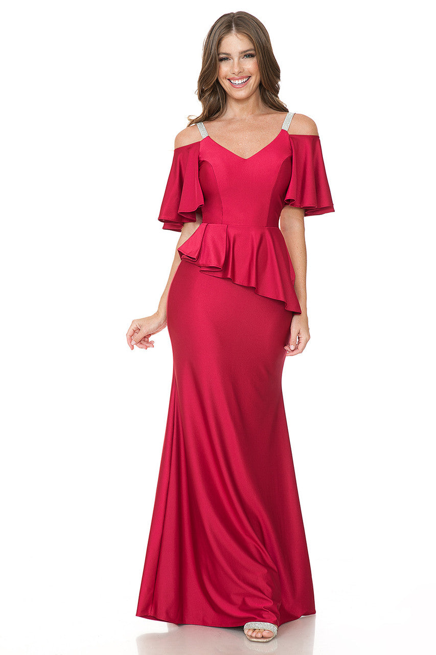 Fitted Cold Shoulder Peplum Gown by Lenovia 5282