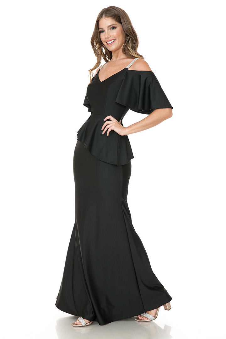 Fitted Cold Shoulder Peplum Gown by Lenovia 5282