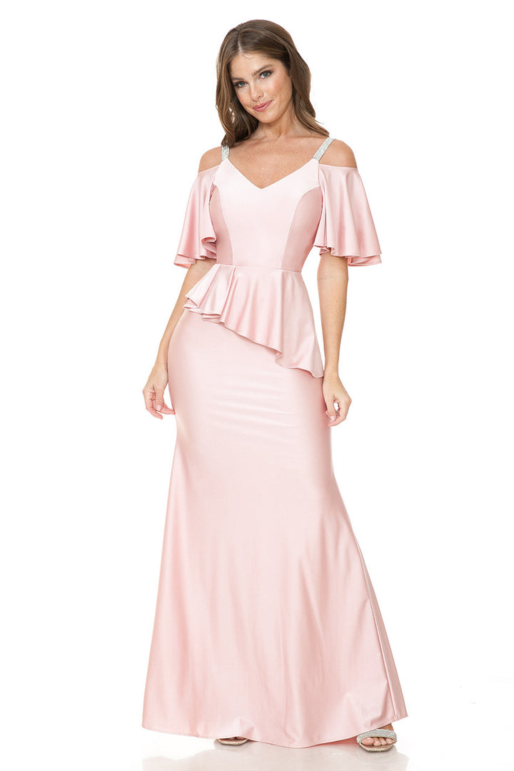 Fitted Cold Shoulder Peplum Gown by Lenovia 5282
