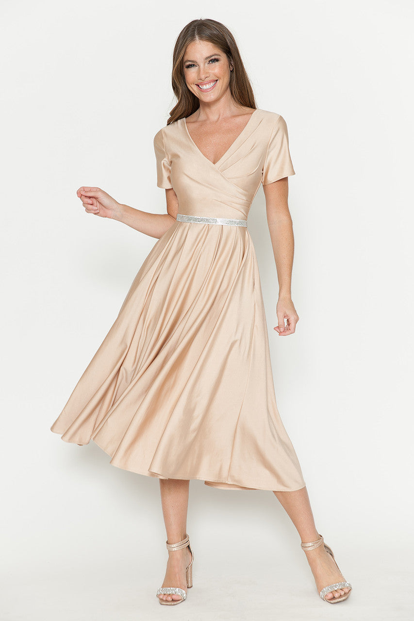 Satin Short Sleeve Tea Length Dress by Lenovia 5274