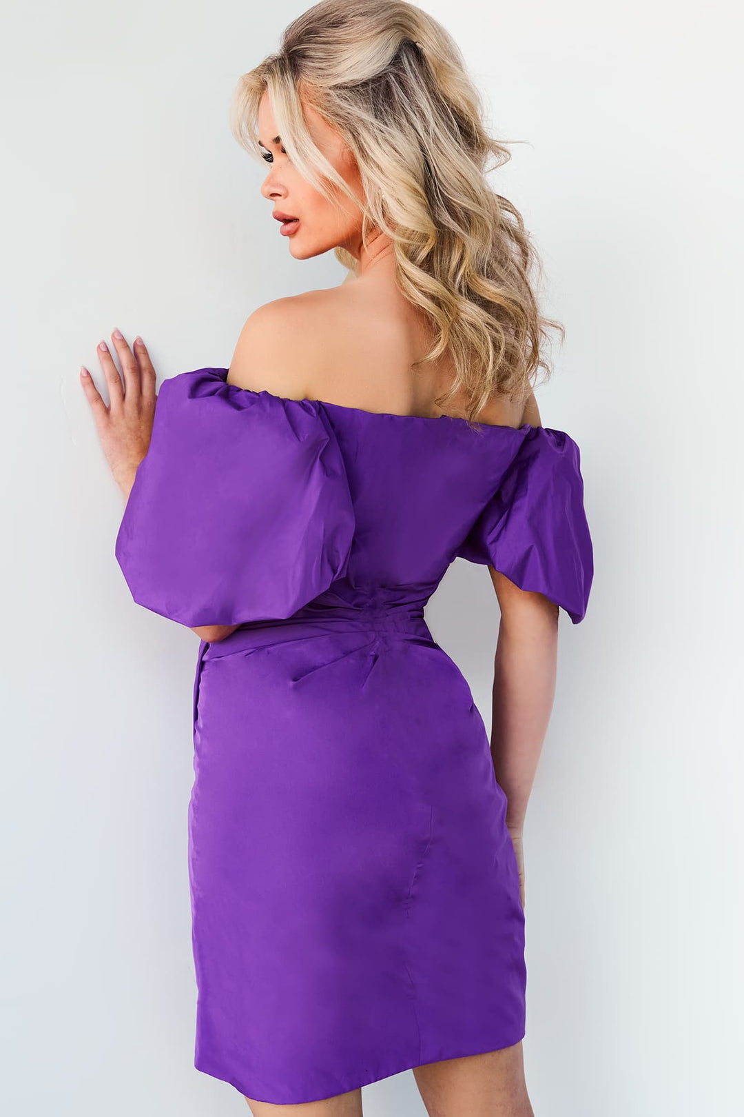 Satin Ruched Short Off Shoulder Dress by Jovani 09476