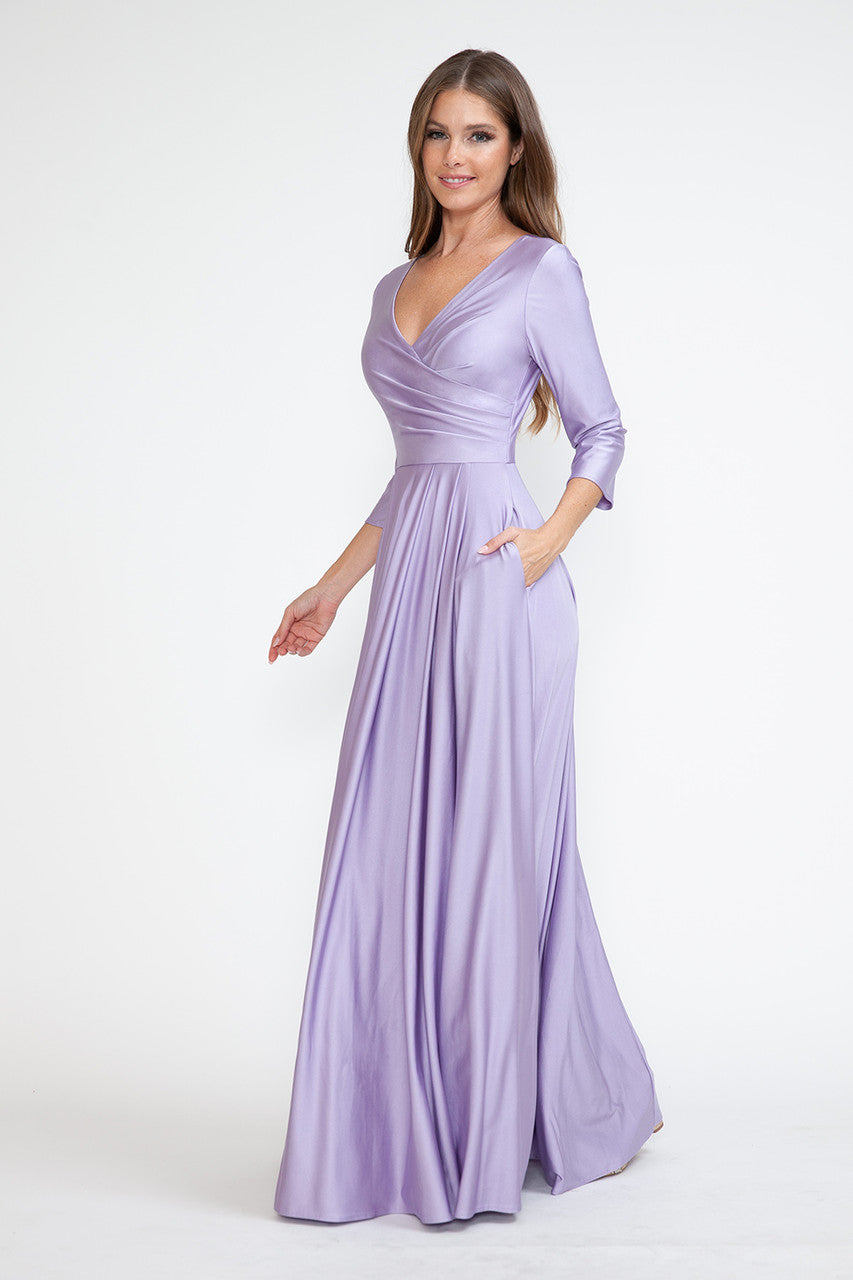 3/4 Sleeve V-Neck A-line Gown by Lenovia 5243