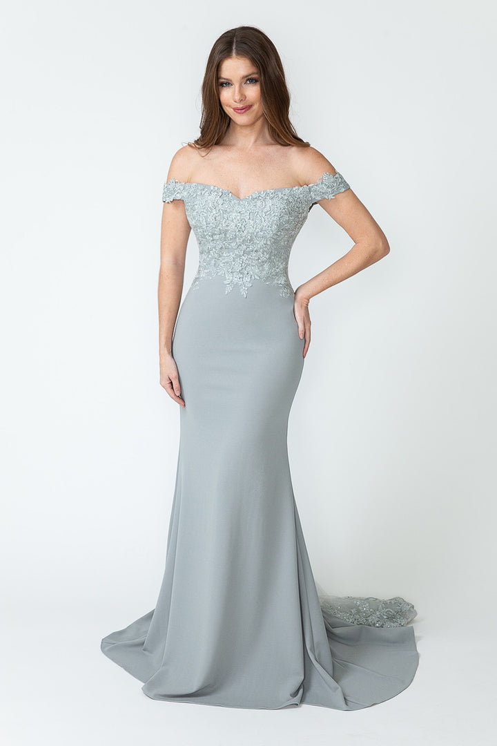 Embroidered Crepe Off Shoulder Gown by Lenovia 8134
