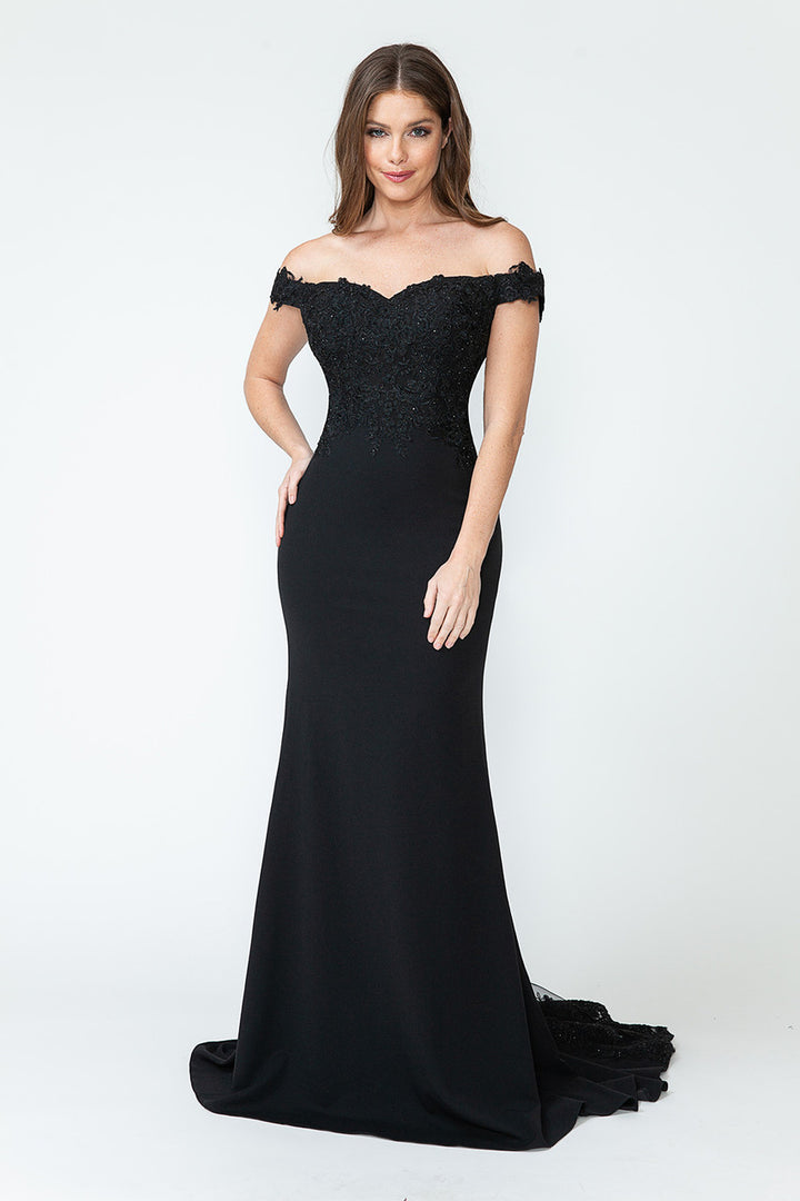 Embroidered Crepe Off Shoulder Gown by Lenovia 8134