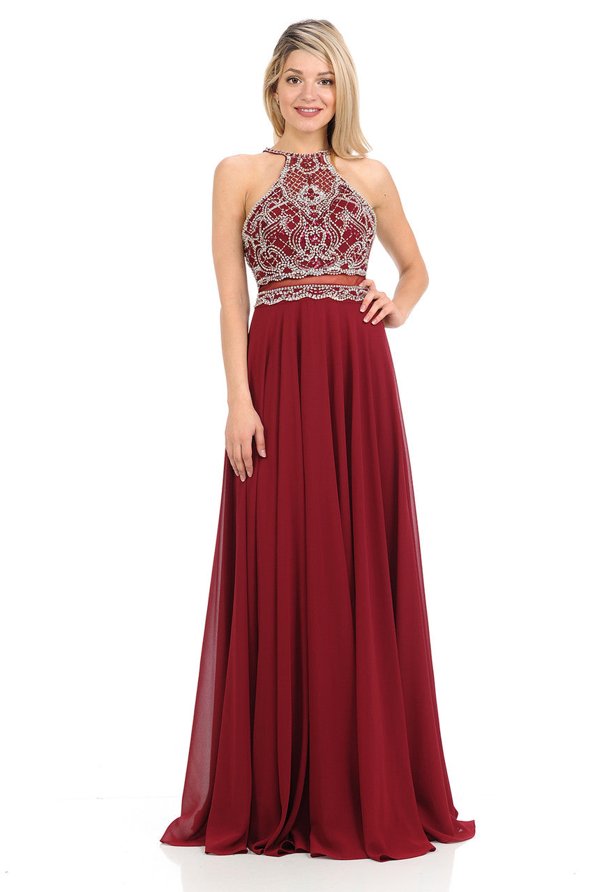 Illusion Halter Beaded Chiffon A-line Dress 8122 by Lenovia M / Burgundy Illusion Halter Beaded Chiffon A-line Dress 8122 by Lenovia M / Burgundy