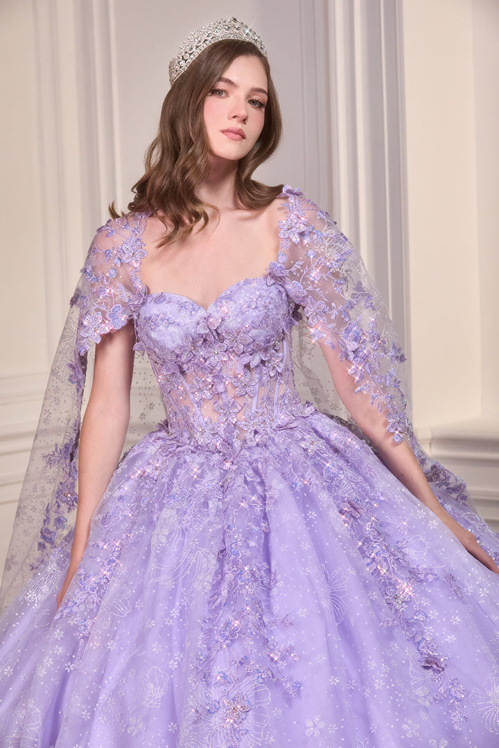 3D Floral Strapless Cape Ball Gown by Ladivine 15719