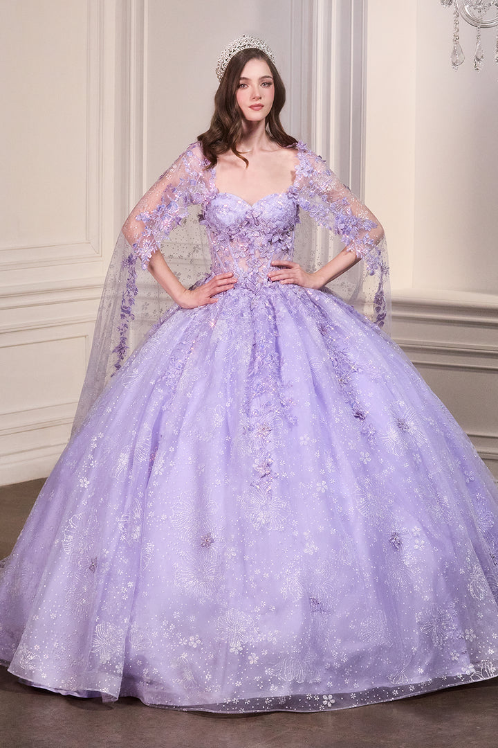 3D Floral Strapless Cape Ball Gown by Ladivine 15719