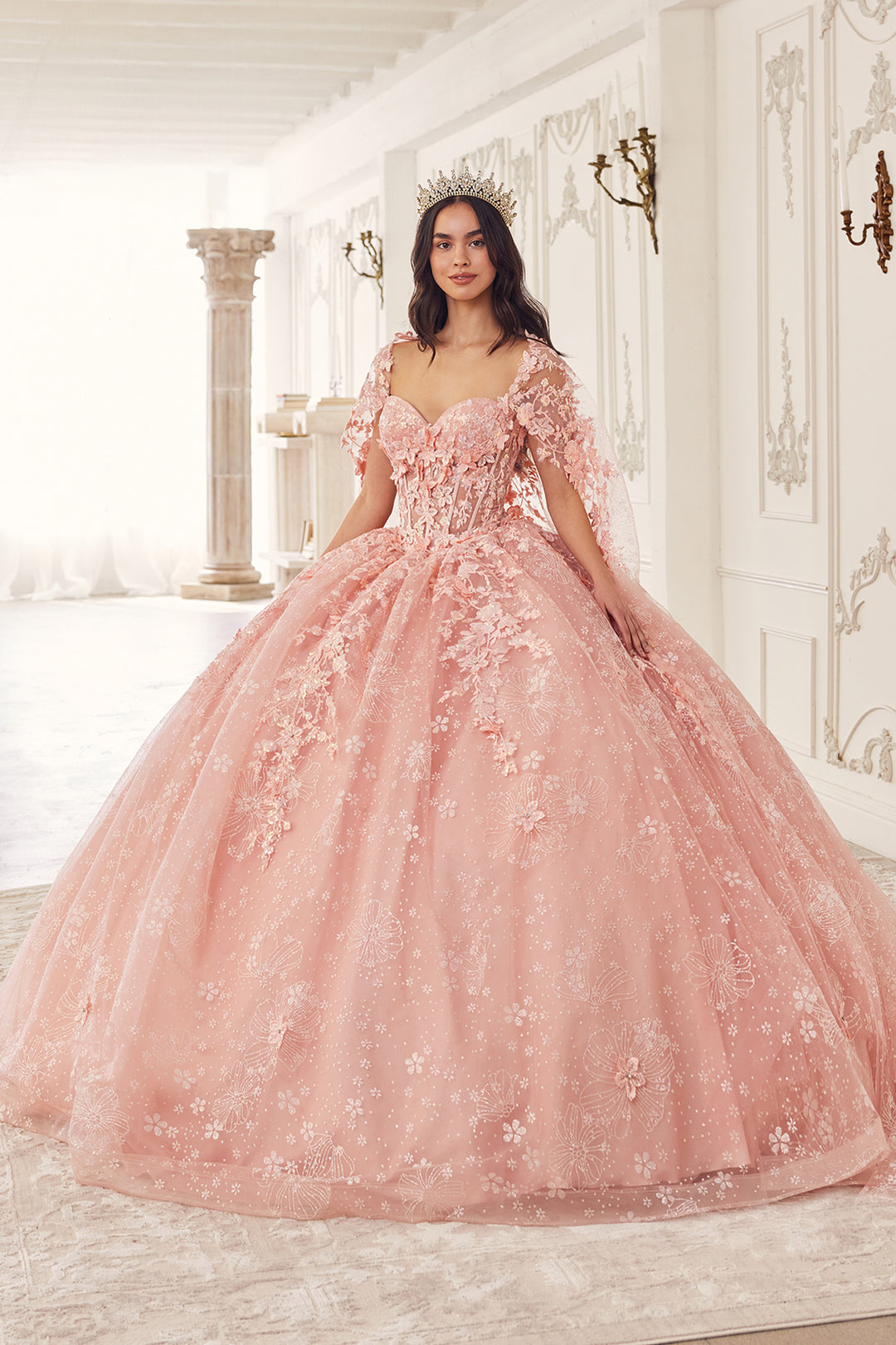3D Floral Strapless Cape Ball Gown by Ladivine 15719