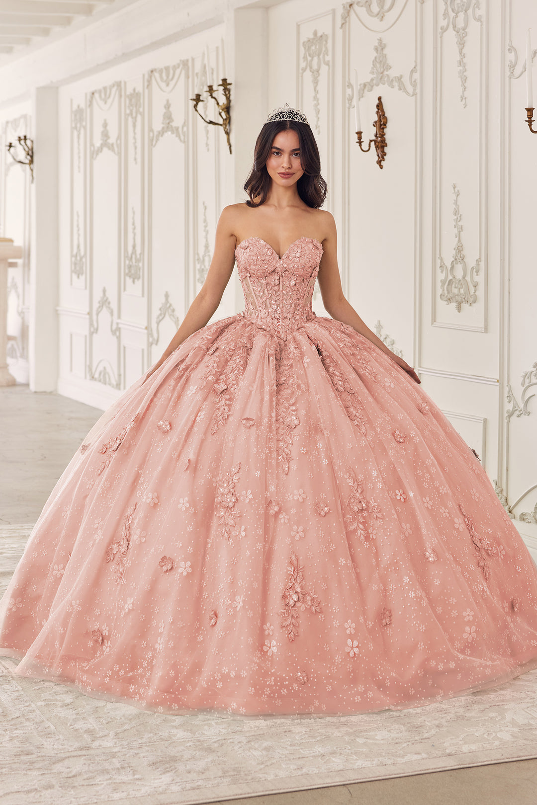 Applique Strapless Puff Sleeve Ball Gown by Ladivine 15722