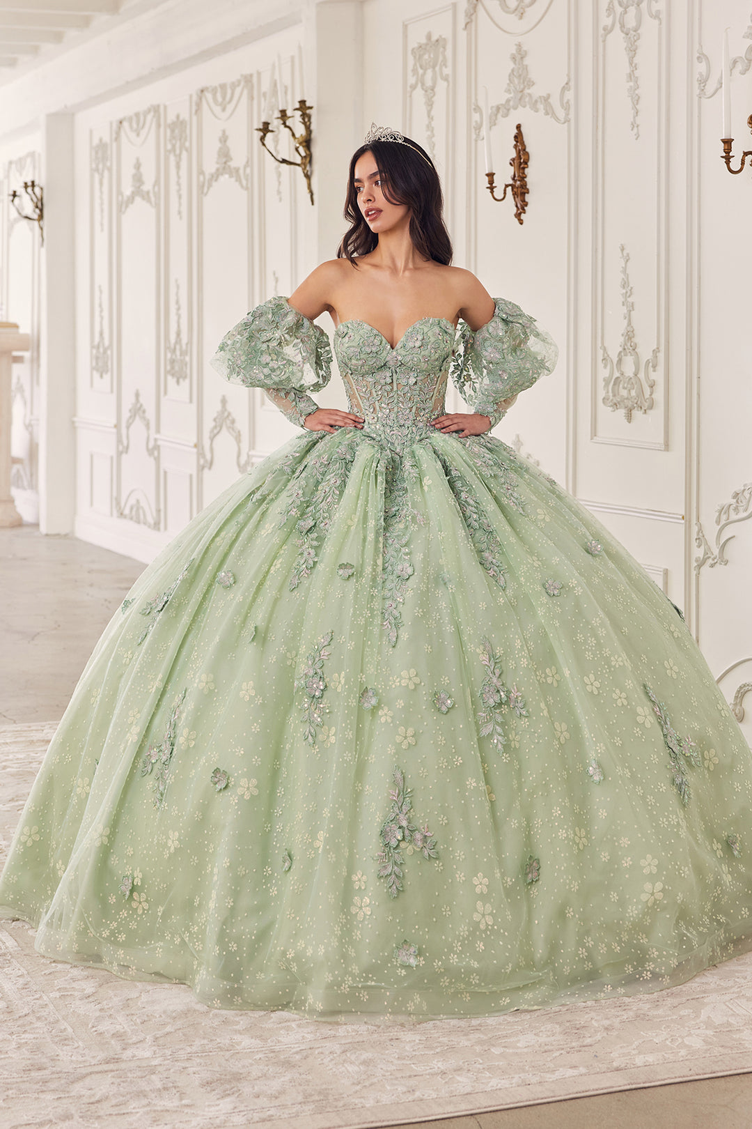 Applique Strapless Puff Sleeve Ball Gown by Ladivine 15722