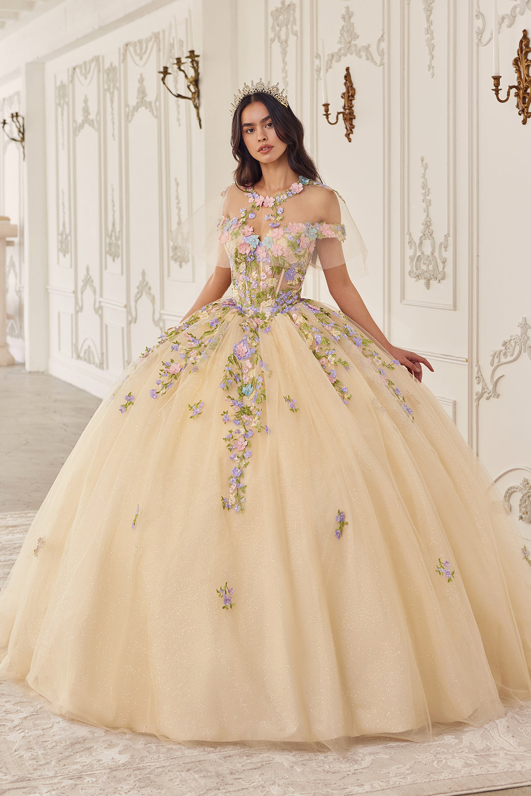 Multi-Color Floral Off Shoulder Ball Gown by Ladivine 15724