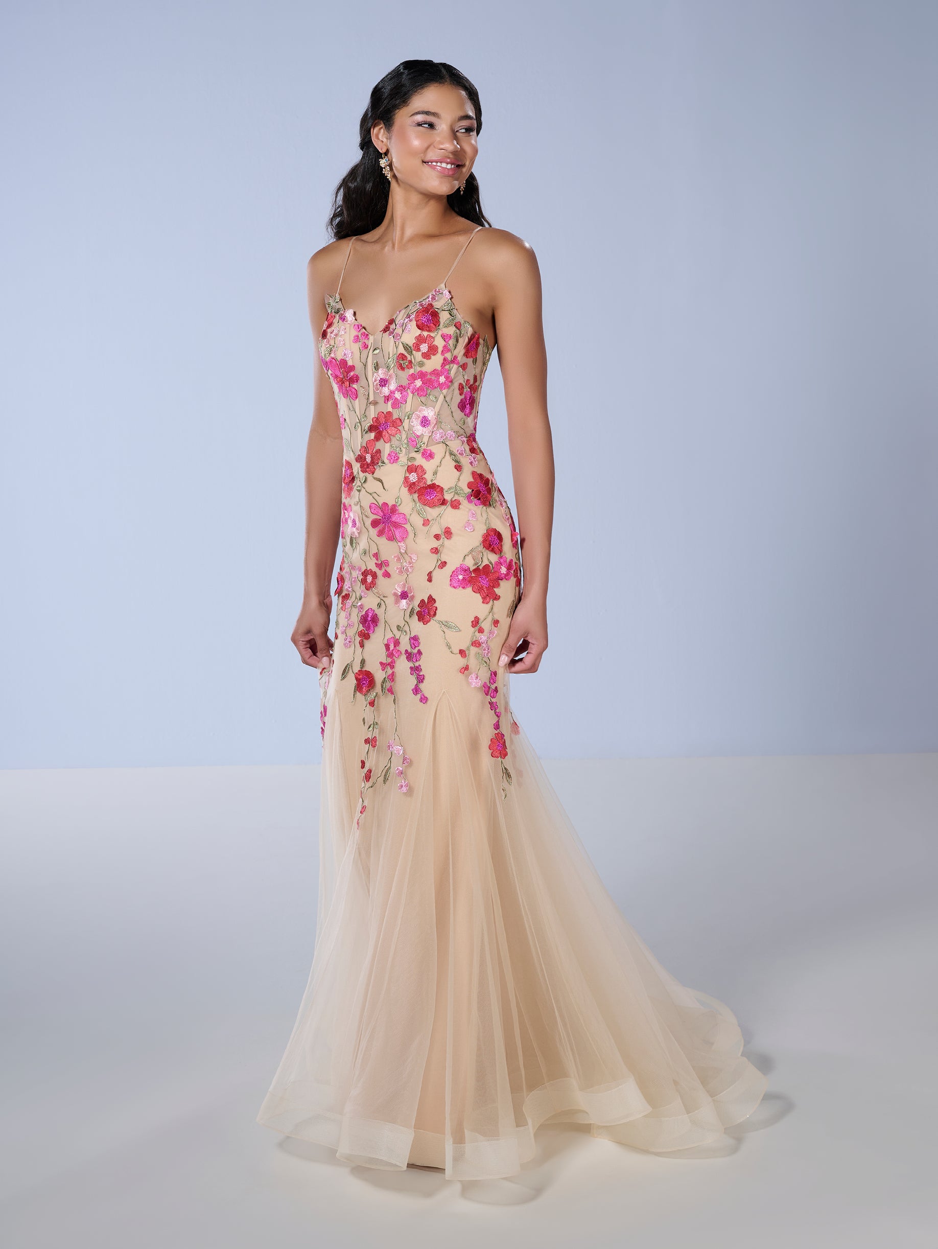 Floral Applique Mermaid Dress by Tiffany Designs 16148 2 / Nude Floral Floral Applique Mermaid Dress by Tiffany Designs 16148 2 / Nude Floral