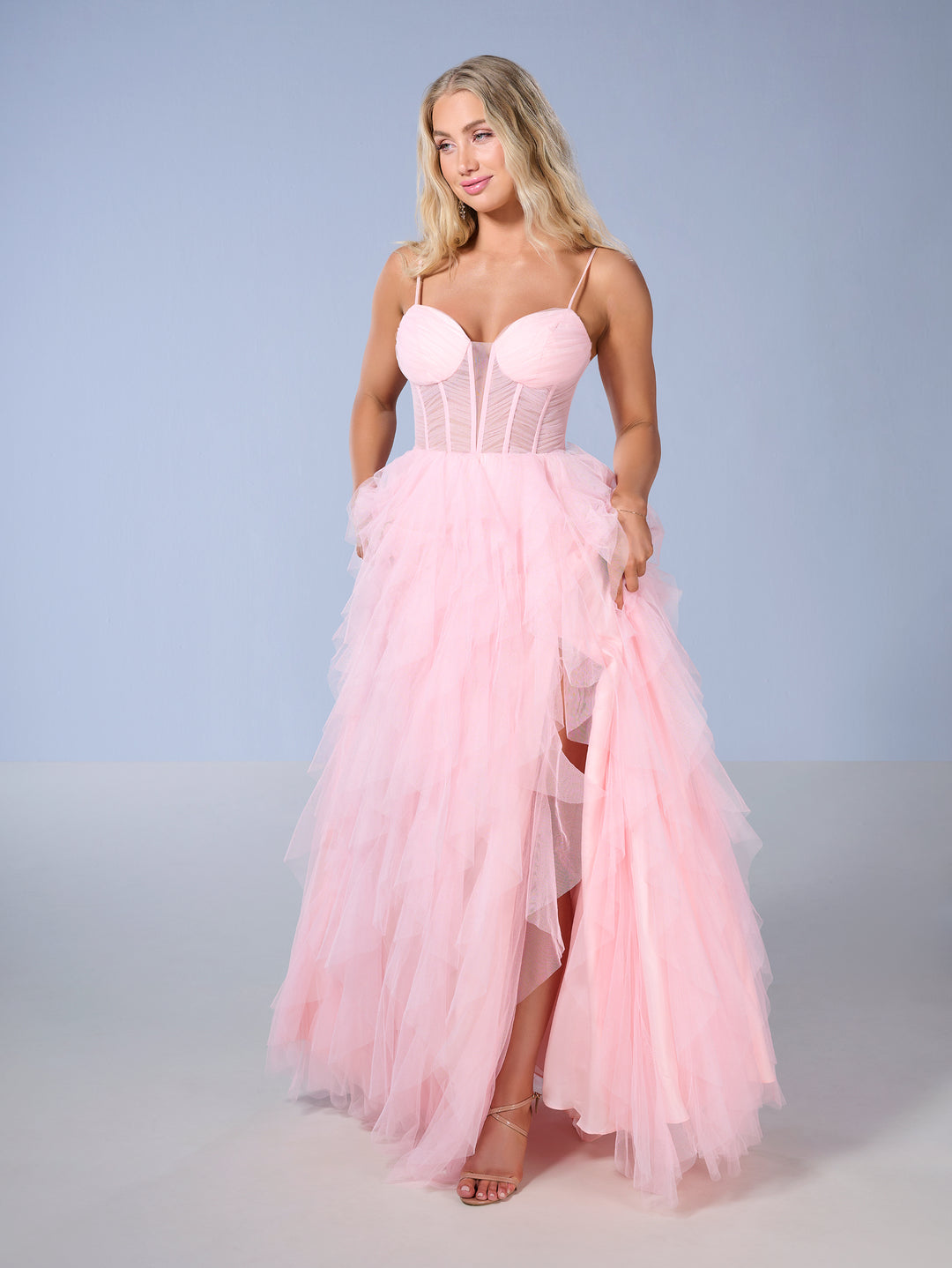 Sleeveless Ruffled Slit Gown by Tiffany Designs 16161