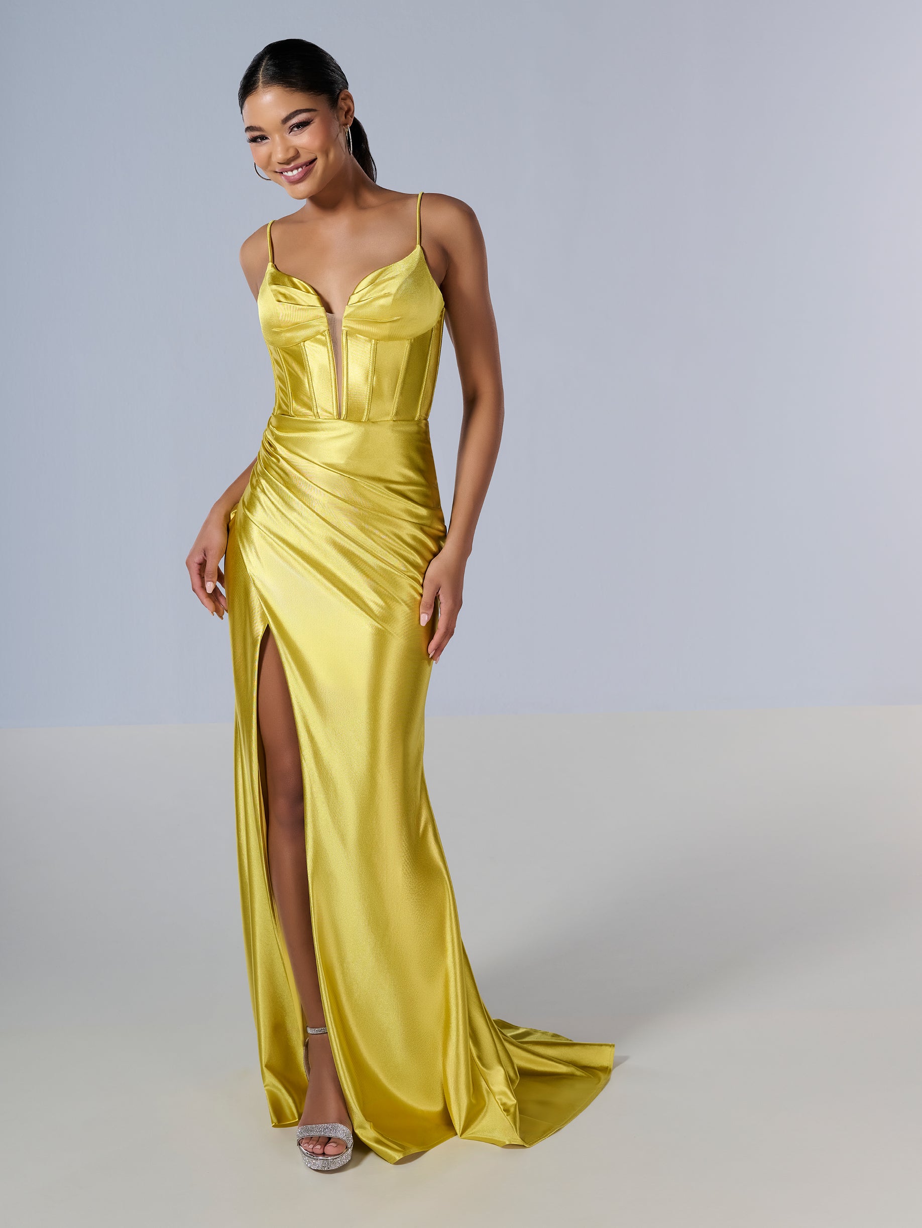 Jersey Fitted Corset Slit Gown by Tiffany Designs 16185 8 / Sweet Pea