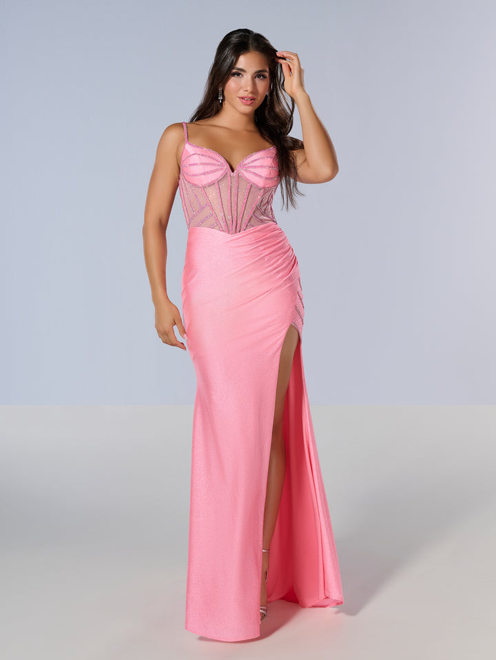 Beaded Sheer Corset Slit Gown by Tiffany Designs 16203