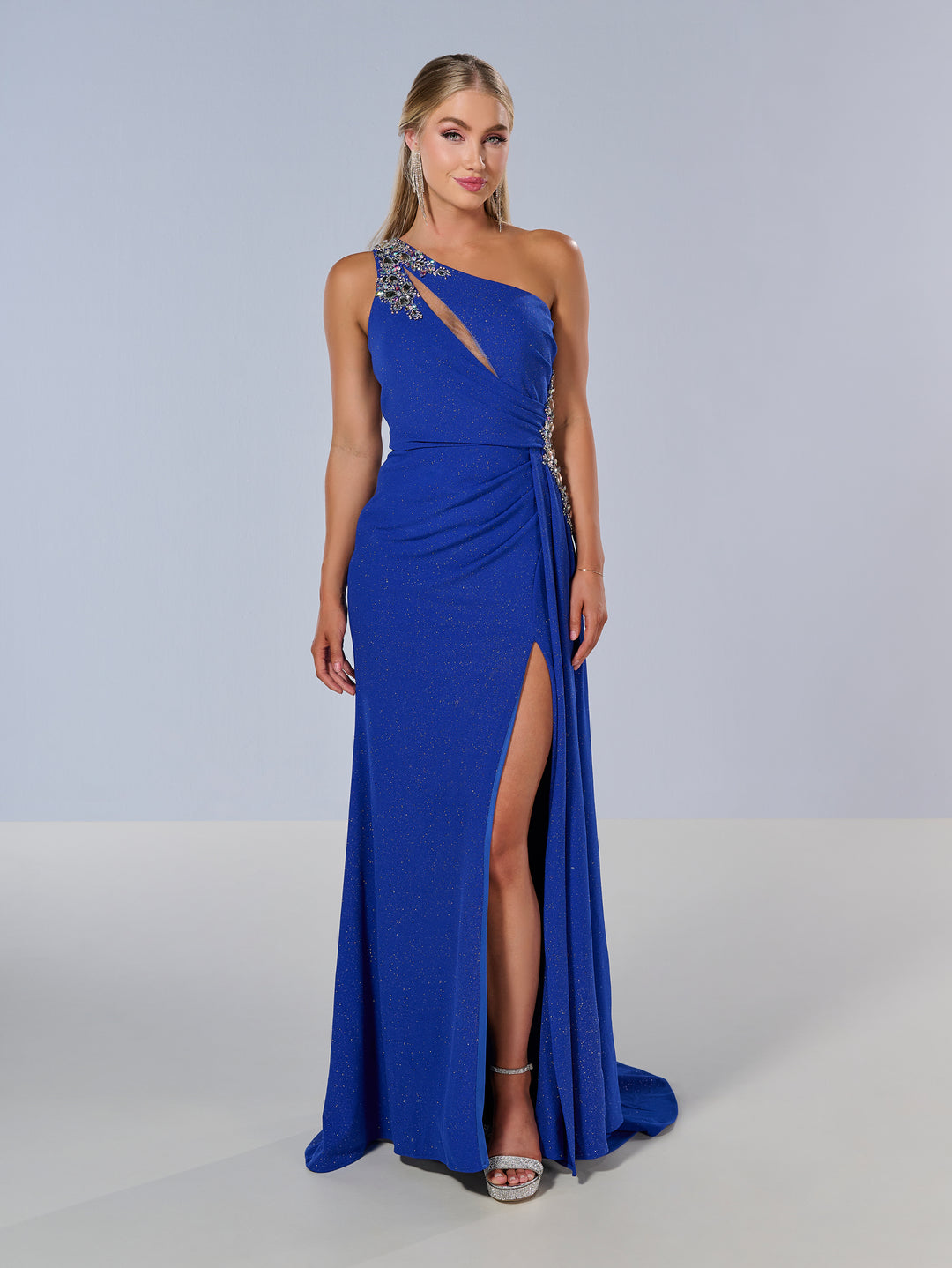 Spandex Fitted One Shoulder Slit Gown by Tiffany Designs 16211