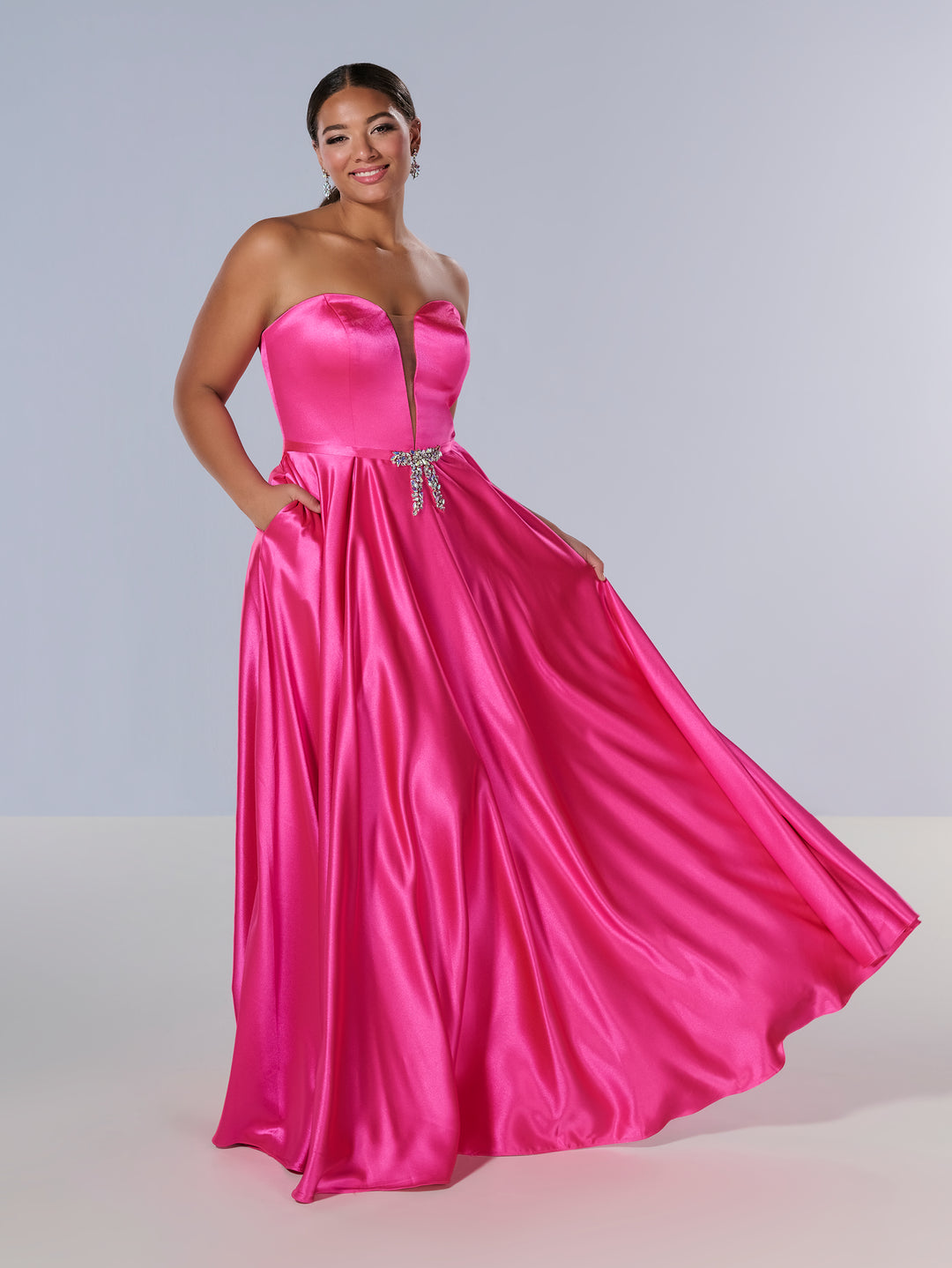 Curvy Charmeuse Strapless Gown by Tiffany Designs 16219