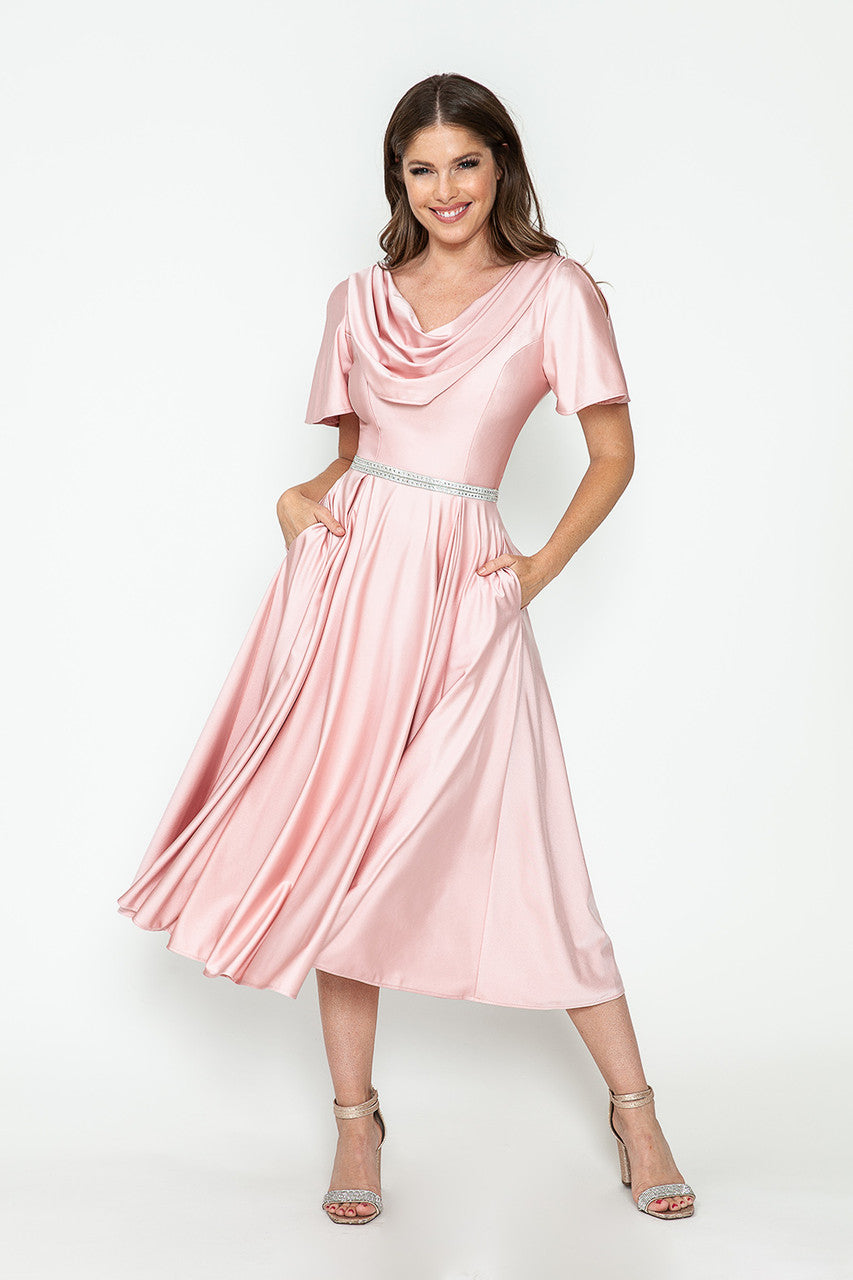 Short Sleeve Satin Cowl Neck Tea Length Dress 5296 by Lenovia Blush / 3XL Short Sleeve Satin Cowl Neck Tea Length Dress 5296 by Lenovia Blush / 3XL