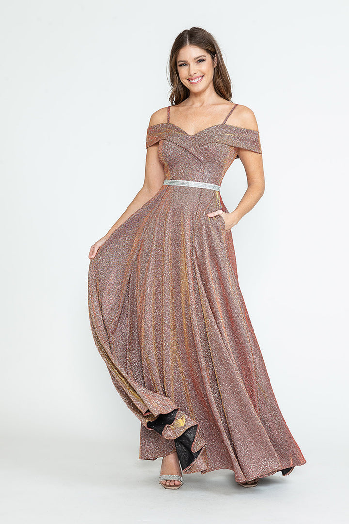 Metallic Cold Shoulder A-line Gown by Lenovia 5236