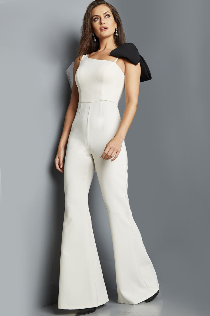 Crepe One Shoulder Bow Jumpsuit by Jovani 22589
