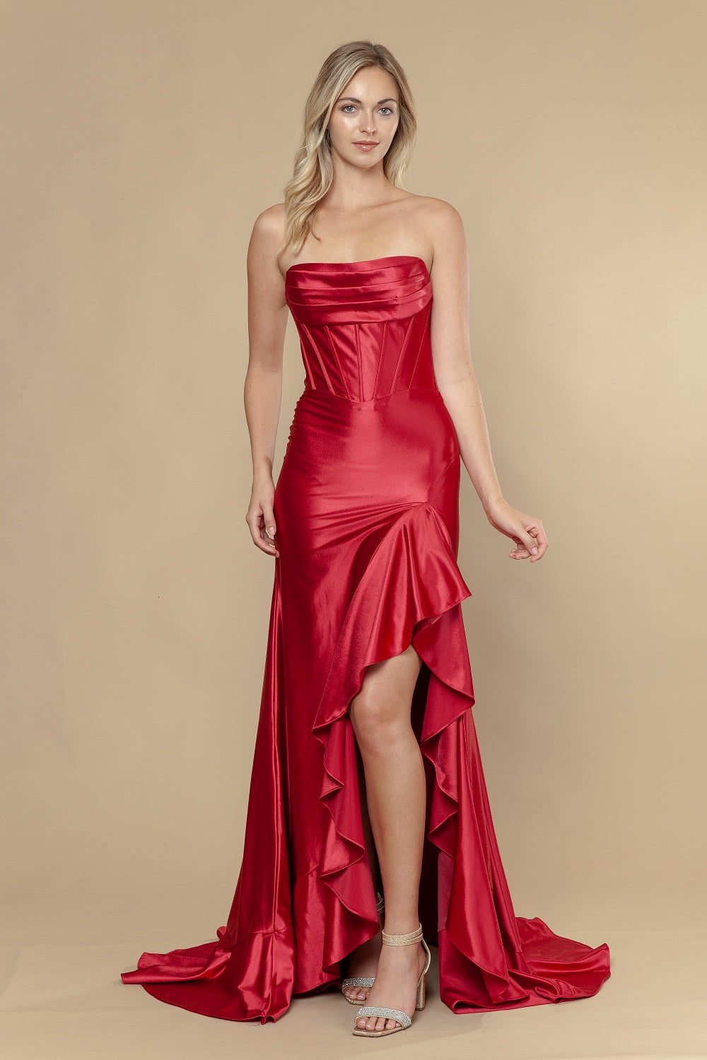 Straight-Neck Floor-Length Satin Formal Gown with Ruffled High Slit Poly USA 25106
