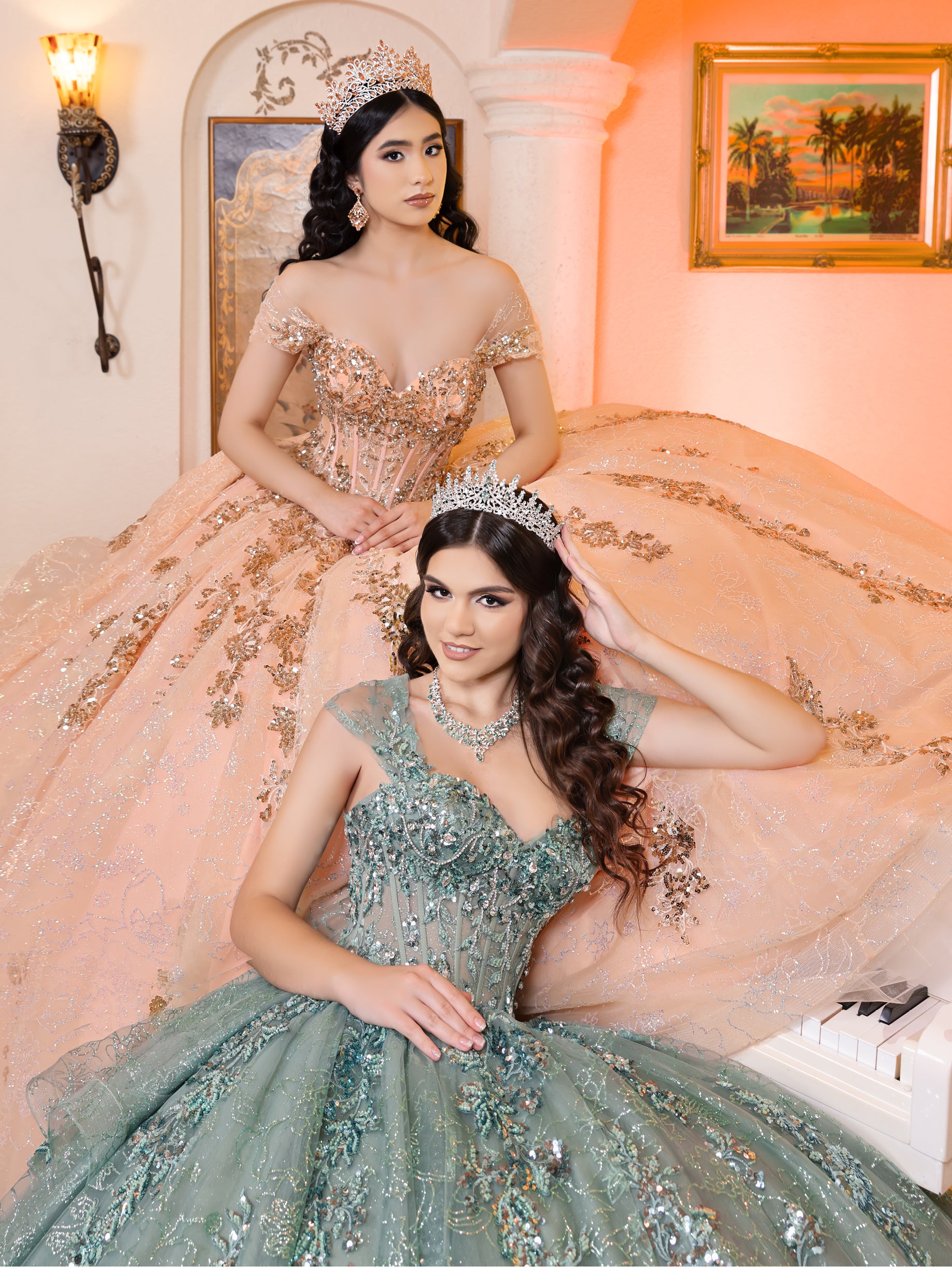 peach and gold quinceanera dresses Modest Peach Tulle Quinceanera Ball Gown Formal Evening Prom Dress X008 Size 2 / Peach