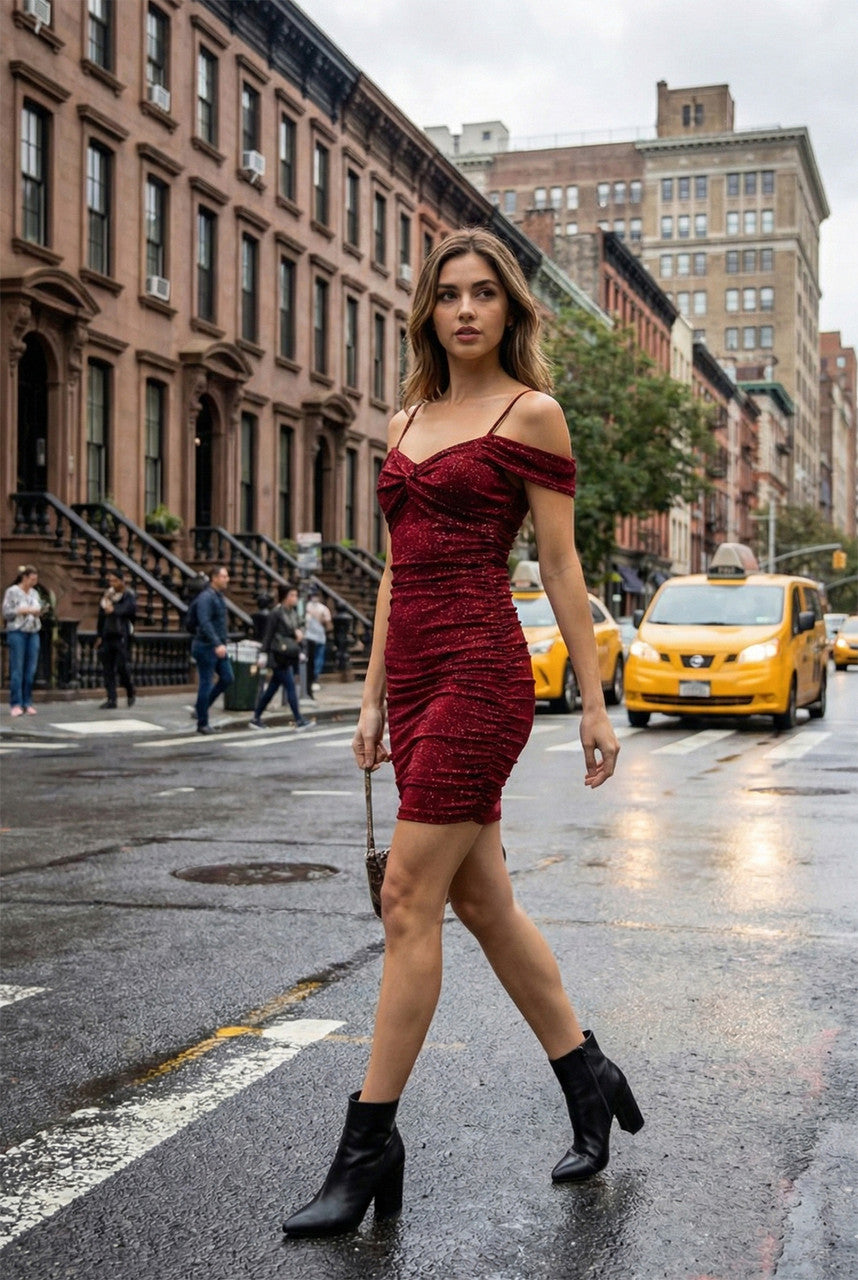 Glitter Fitted Short Cold Shoulder Dress by Lenovia 3032 L / Burgundy Glitter Fitted Short Cold Shoulder Dress by Lenovia 3032 L / Burgundy