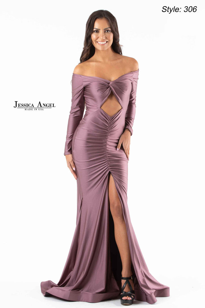 Jersey Fitted Long Sleeve Slit Gown by Jessica Angel 306