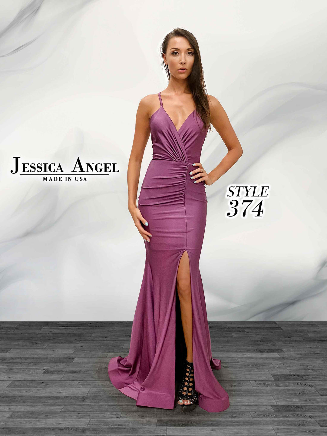 Jersey Fitted V-Neck Slit Gown by Jessica Angel 374