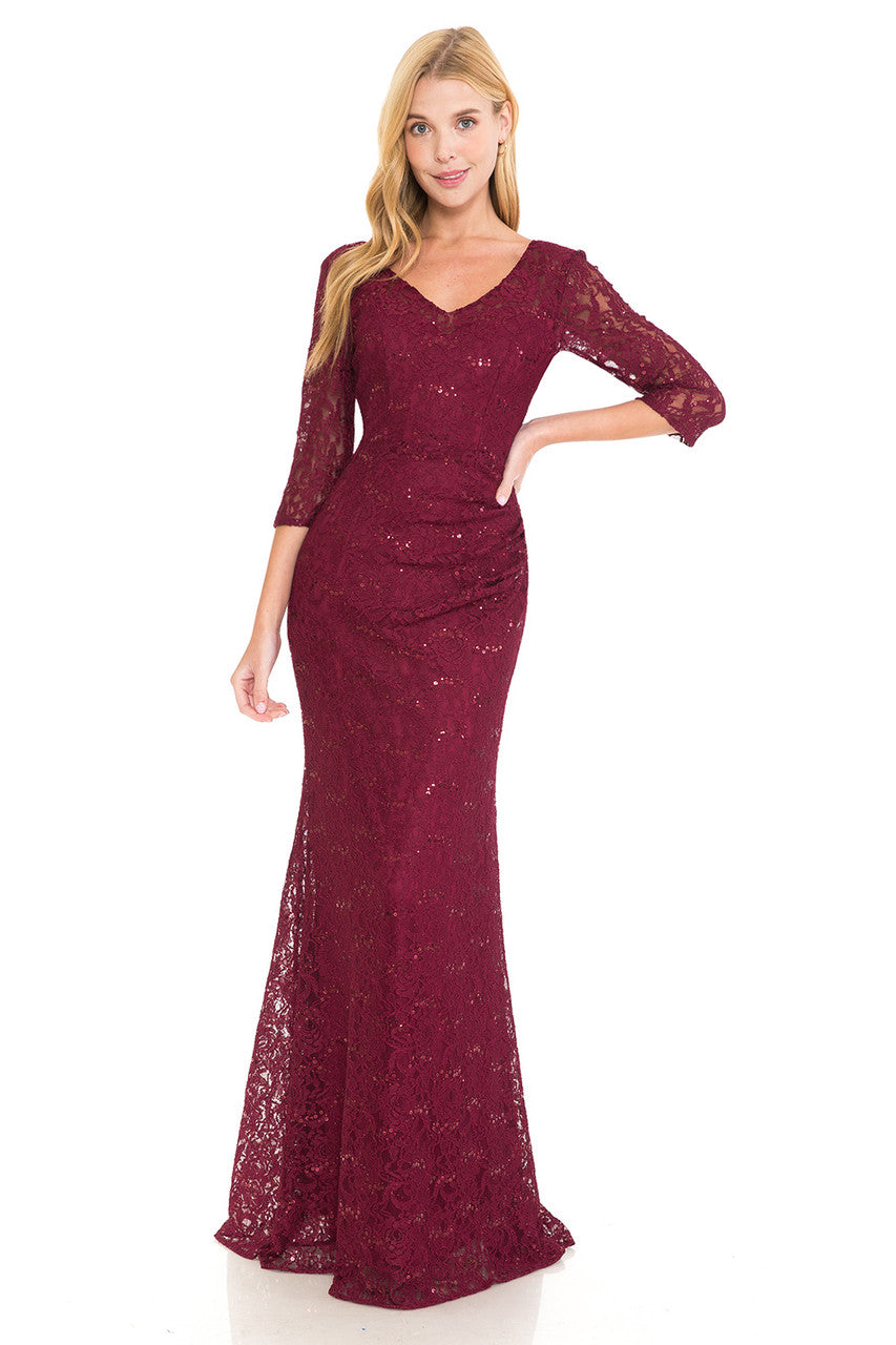 Sequin Lace Sweetheart 3/4 Sleeve Dress 5223 by Lenovia Burgundy / S Sequin Lace Sweetheart 3/4 Sleeve Dress 5223 by Lenovia Burgundy / S