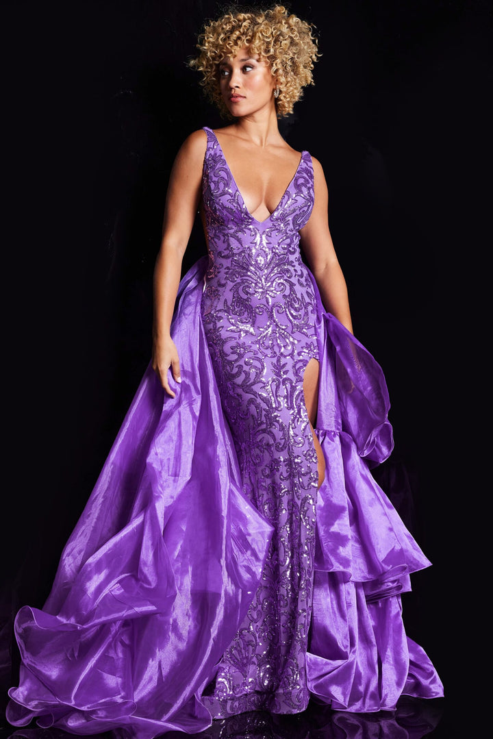 Sleeveless Ruffled Overskirt Slit Gown by Jovani 38336