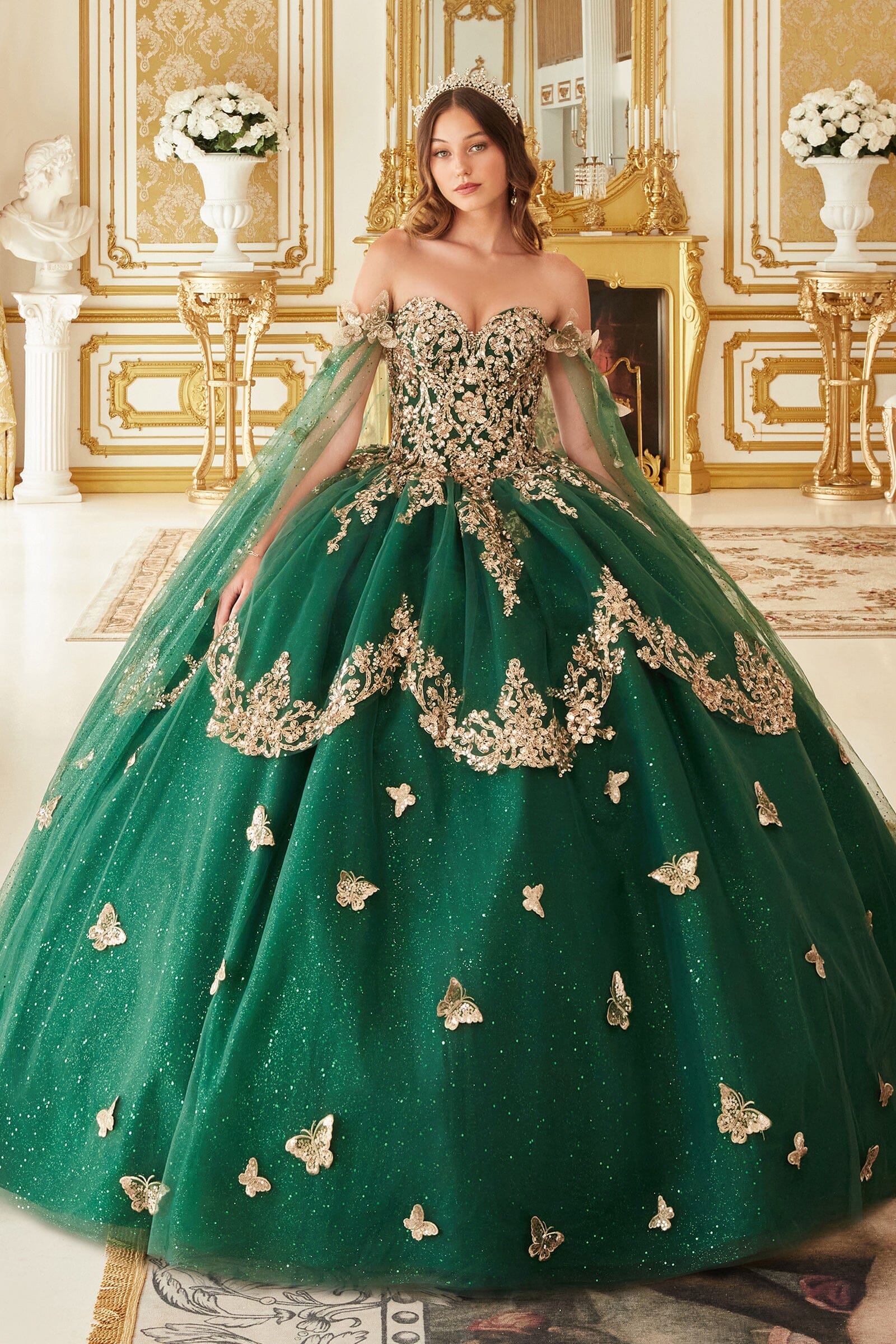 3D Butterfly Cape Sleeve Glitter Ball Gown by Ladivine 15721 3D Butterfly Cape Sleeve Glitter Ball Gown by Ladivine 15721
