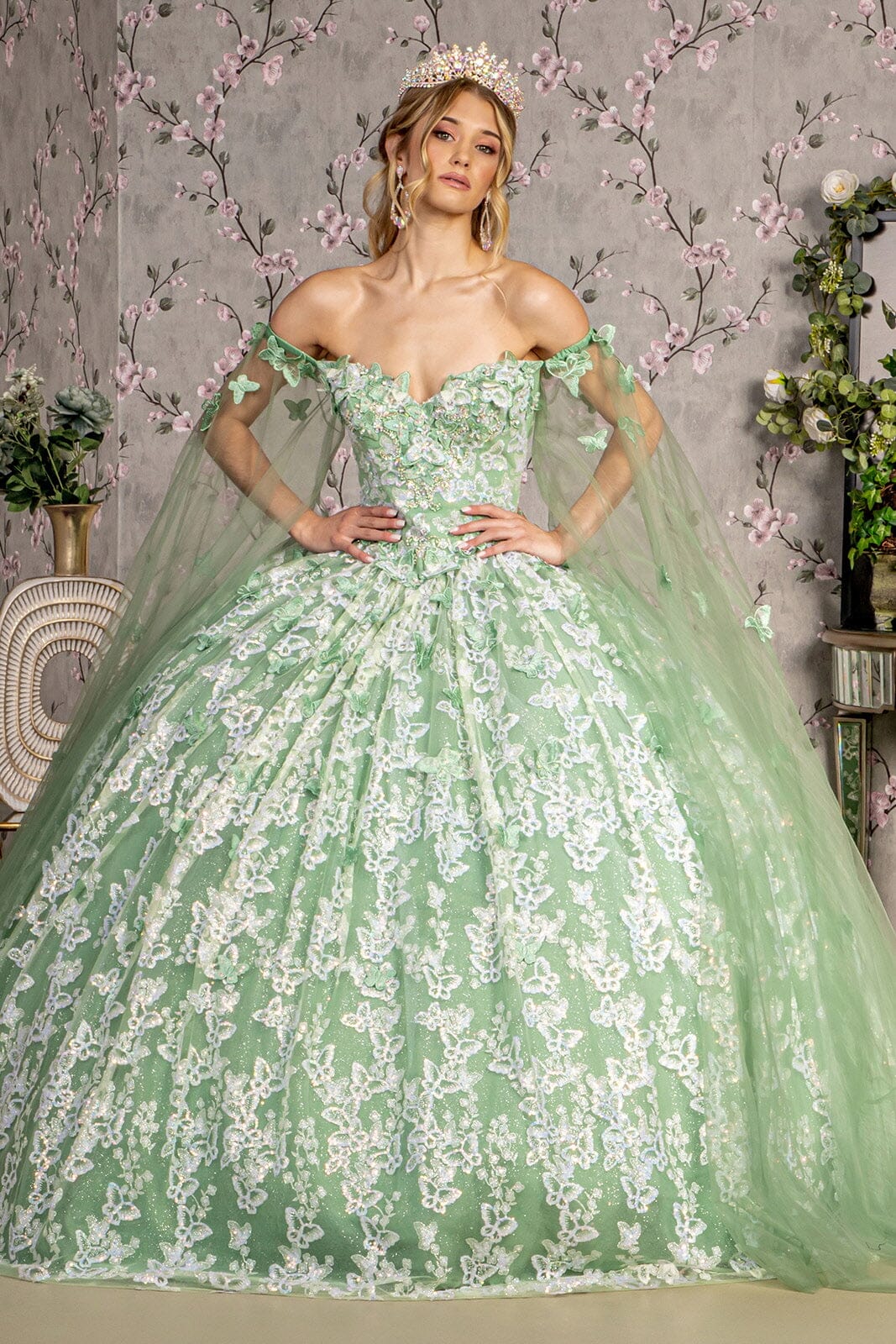 off the shoulder butterfly sleeve dress 3D Butterfly Off Shoulder Ball Gown by GLS Gloria GL3451 L / Sage