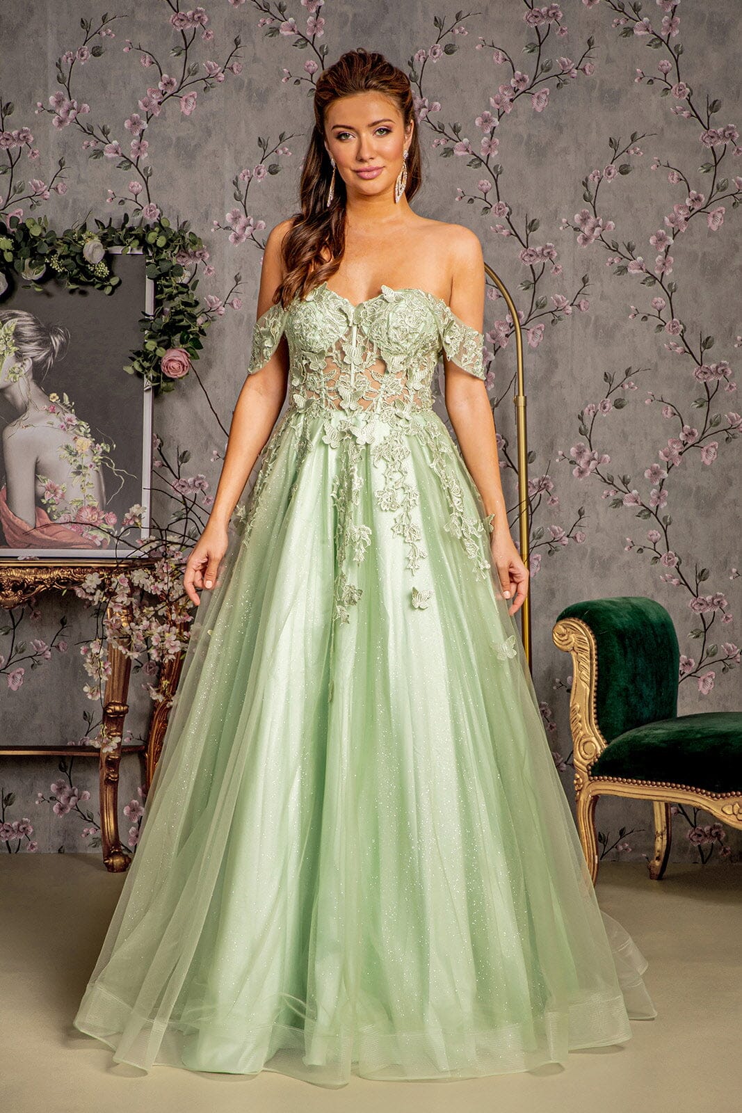 3D Butterfly Off Shoulder Corset Gown by GLS Gloria GL3296 L / Sage 3D Butterfly Off Shoulder Corset Gown by GLS Gloria GL3296 L / Sage