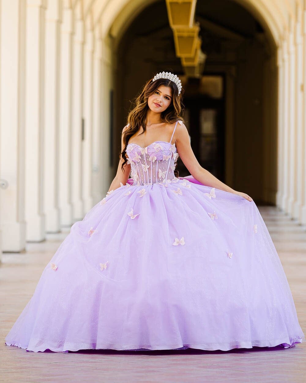 3D Butterfly Sheer Corset Ball Gown by Petite Adele PQ1032 3D Butterfly Sheer Corset Ball Gown by Petite Adele PQ1032