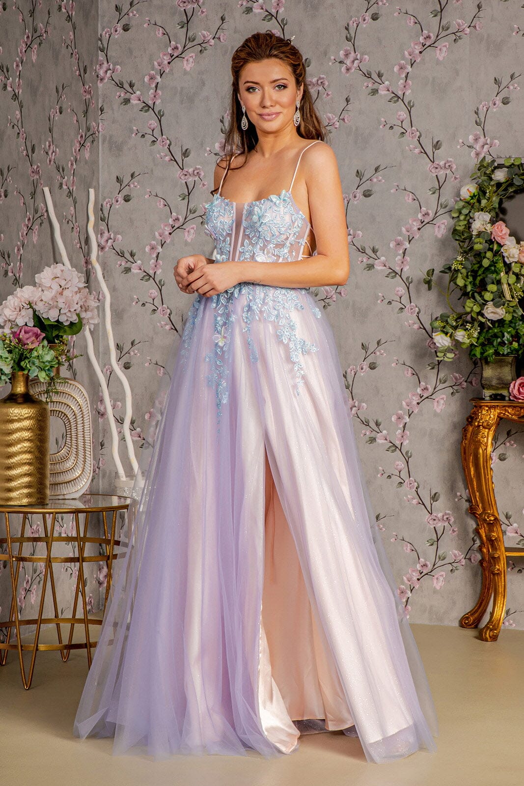 3D Butterfly Sleeveless Two-Tone Gown by GLS Gloria GL3252 L / Smoky Blue/Peach 3D Butterfly Sleeveless Two-Tone Gown by GLS Gloria GL3252 L / Smoky Blue/Peach
