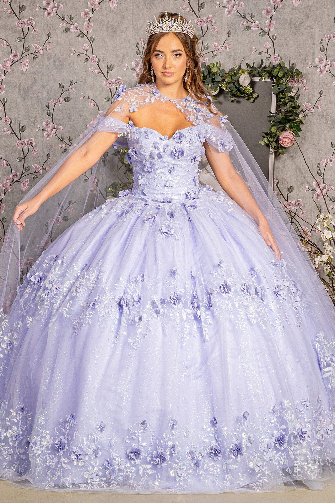 3D Floral Off Shoulder Cape Ball Gown by Elizabeth K GL3179